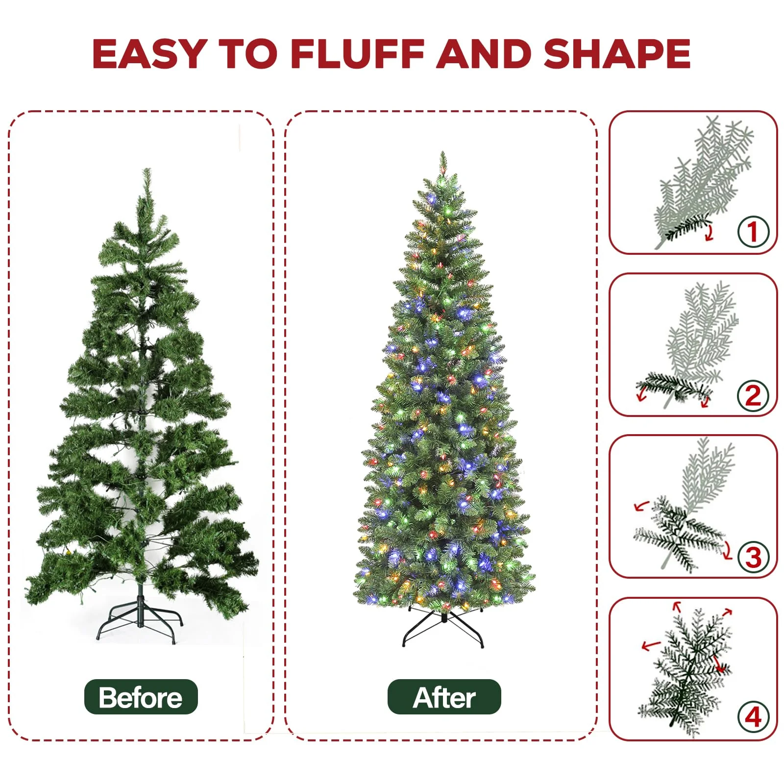 Hykolity 6ft Prelit Pencil Slim Christmas Tree with 200 Color Changing LED Lights, 544 Branch Tips, Metal Stand and Hinged Branches, 10 Color Modes - Image 2