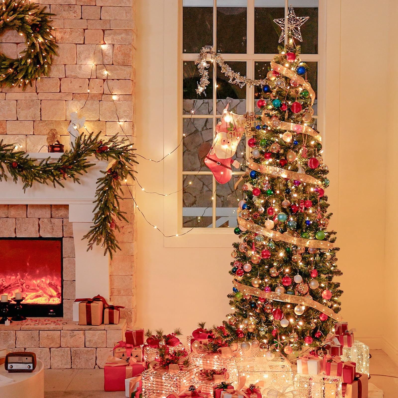 Hykolity 6ft Prelit Pencil Slim Christmas Tree with 200 Color Changing LED Lights, 544 Branch Tips, Metal Stand and Hinged Branches, 10 Color Modes - Image 4
