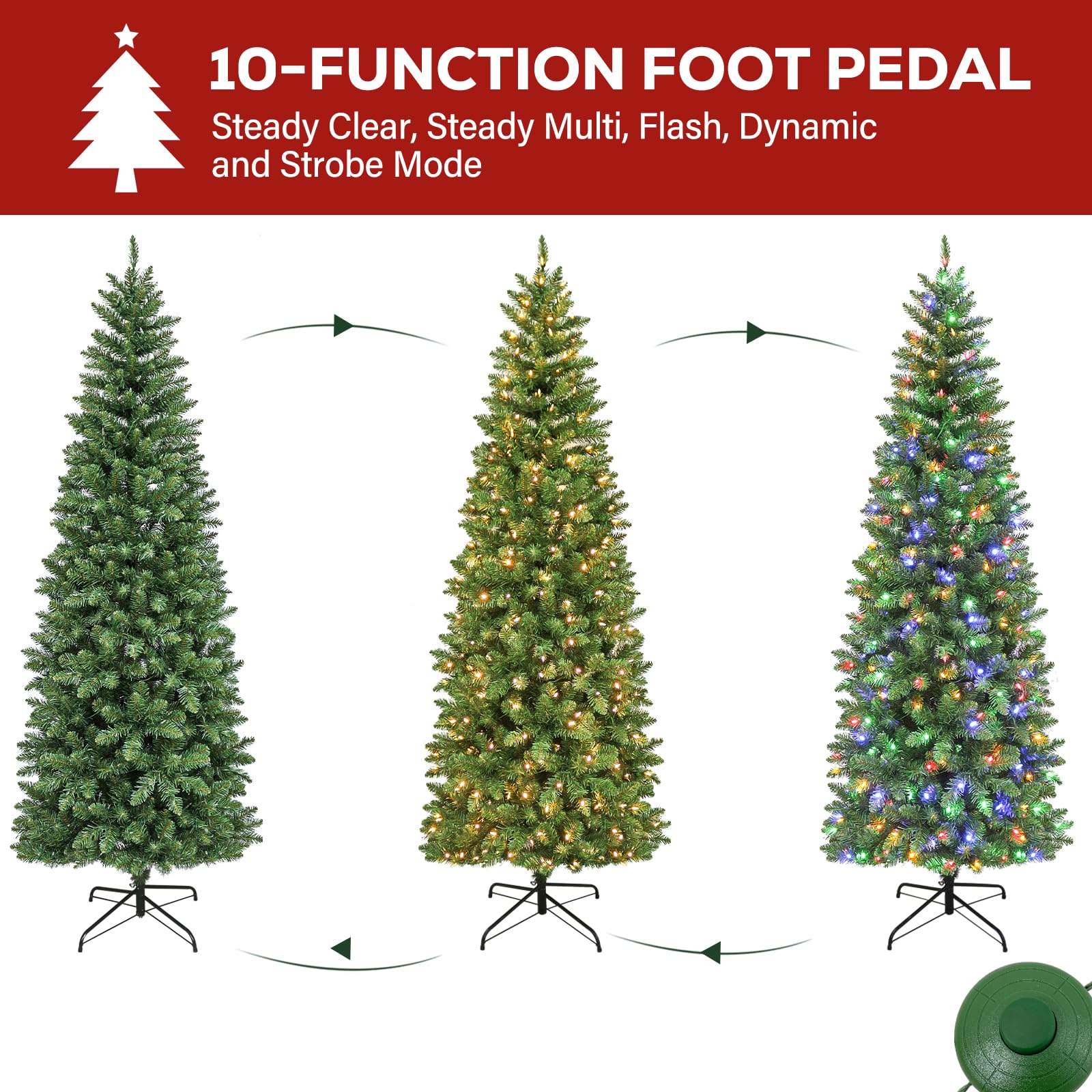 Hykolity 6ft Prelit Pencil Slim Christmas Tree with 200 Color Changing LED Lights, 544 Branch Tips, Metal Stand and Hinged Branches, 10 Color Modes - Image 6