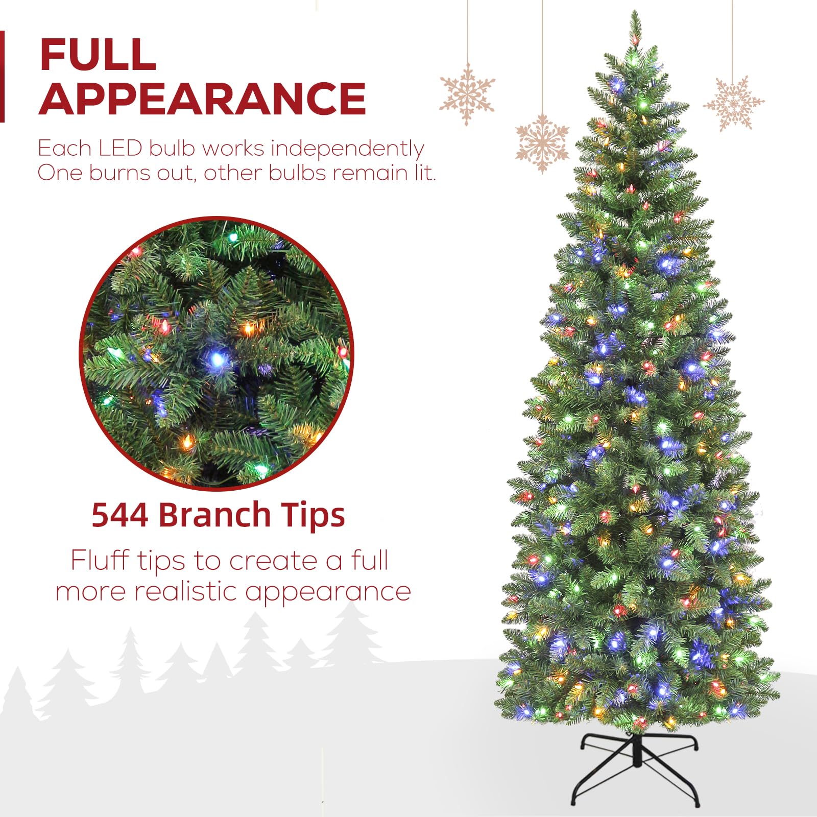 Hykolity 6ft Prelit Pencil Slim Christmas Tree with 200 Color Changing LED Lights, 544 Branch Tips, Metal Stand and Hinged Branches, 10 Color Modes - Image 9