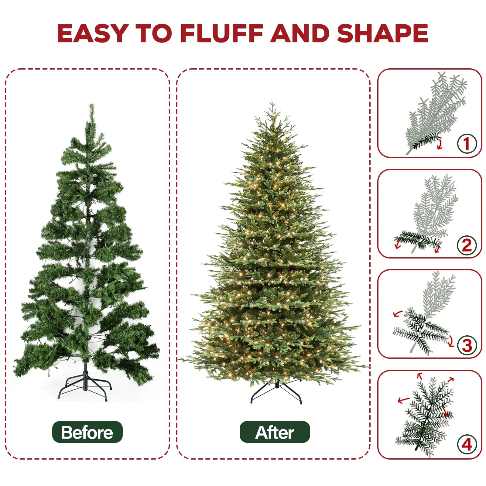 Hykolity 7.5 ft Prelit Artificial Christmas Tree, 2933 PE&PVC Branch Tips, 450 Warm White LED Lights, Metal Stand and Hinged Branches - Image 2