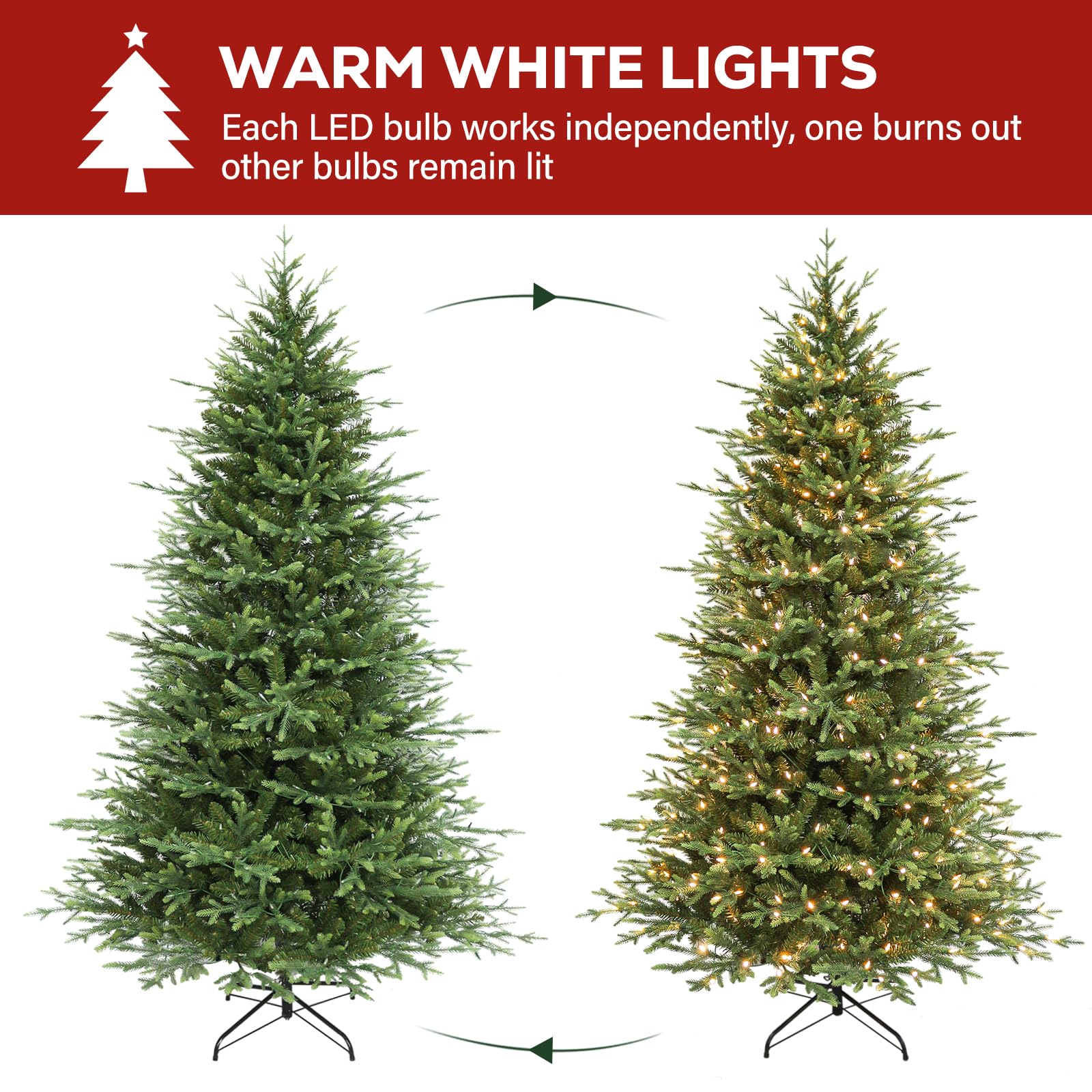 Hykolity 7.5 ft Prelit Artificial Christmas Tree, 2933 PE&PVC Branch Tips, 450 Warm White LED Lights, Metal Stand and Hinged Branches - Image 7