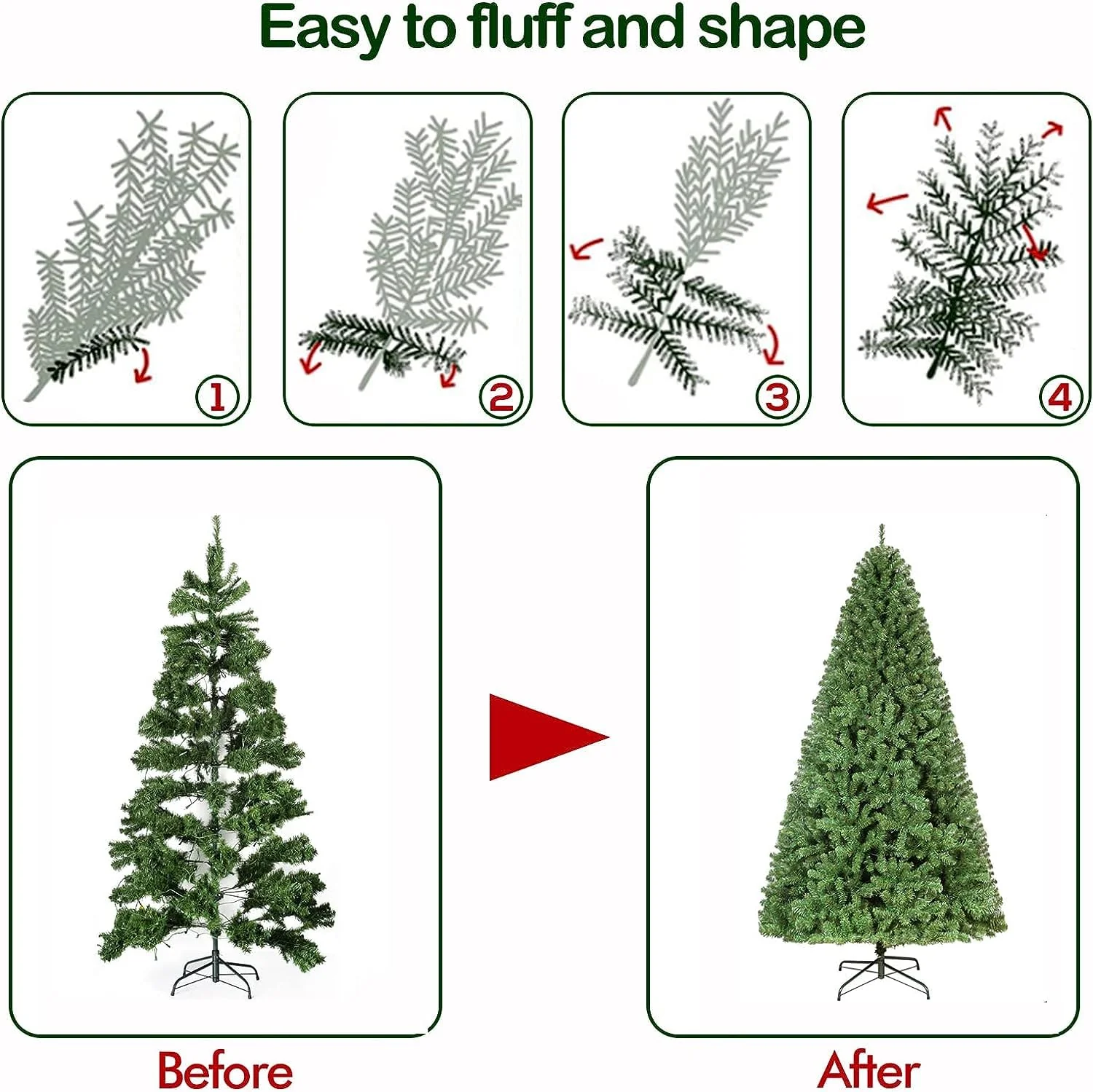 Hykolity 7.5 ft Prelit Christmas Tree, Artificial Christmas Tree with 450 Warm White Lights, 1450 Branch Tips, Metal Stand and Hinged Branches - Image 4