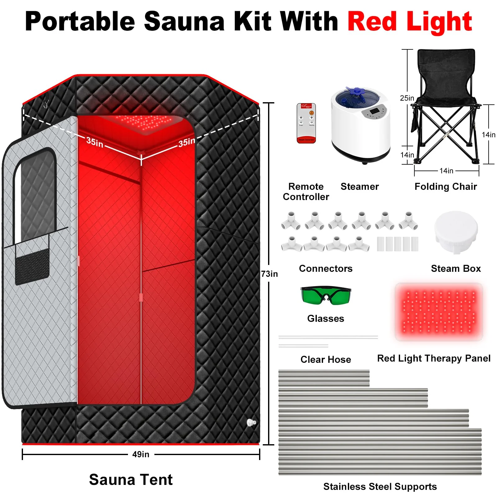 I-THERA-U XL Infrared Sauna Box with True 660 & 850nm Red Light Therapy Lamp, Portable Red Light Sauna for Home, Full Body Steam Tent with 3L 1200w Steamer, 15 Levels Heat, Chair, Remote - Image 2