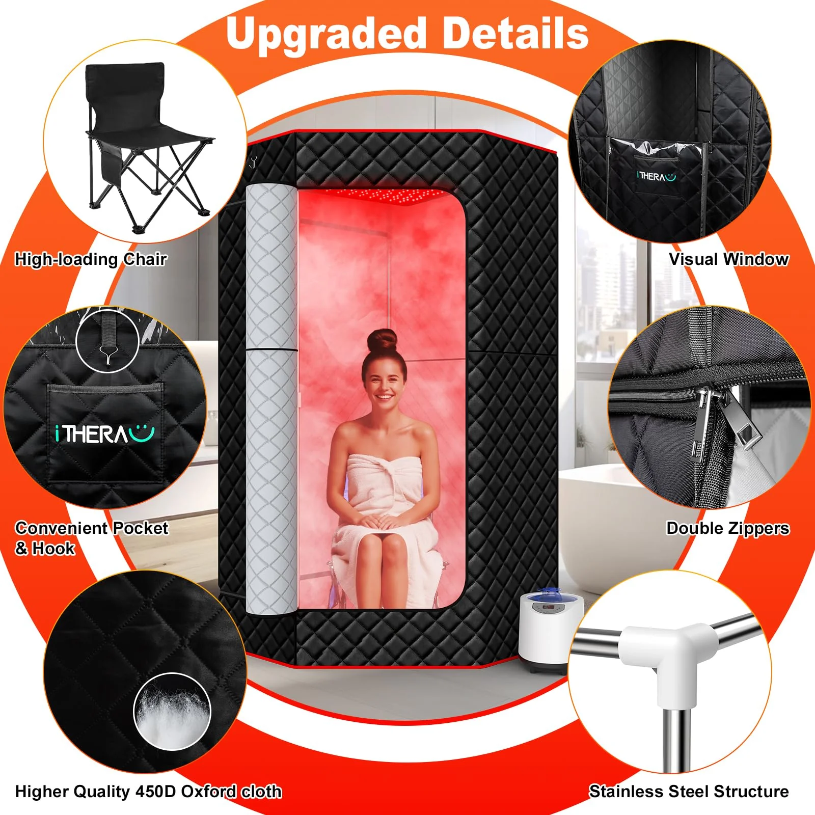 I-THERA-U XL Infrared Sauna Box with True 660 & 850nm Red Light Therapy Lamp, Portable Red Light Sauna for Home, Full Body Steam Tent with 3L 1200w Steamer, 15 Levels Heat, Chair, Remote - Image 3
