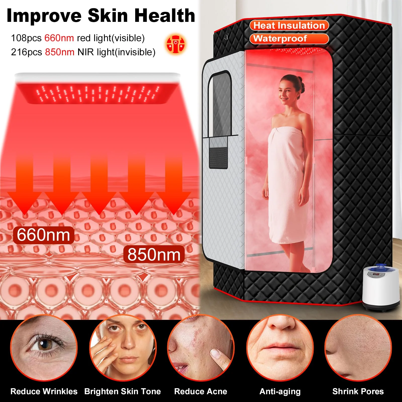 I-THERA-U XL Infrared Sauna Box with True 660 & 850nm Red Light Therapy Lamp, Portable Red Light Sauna for Home, Full Body Steam Tent with 3L 1200w Steamer, 15 Levels Heat, Chair, Remote - Image 5