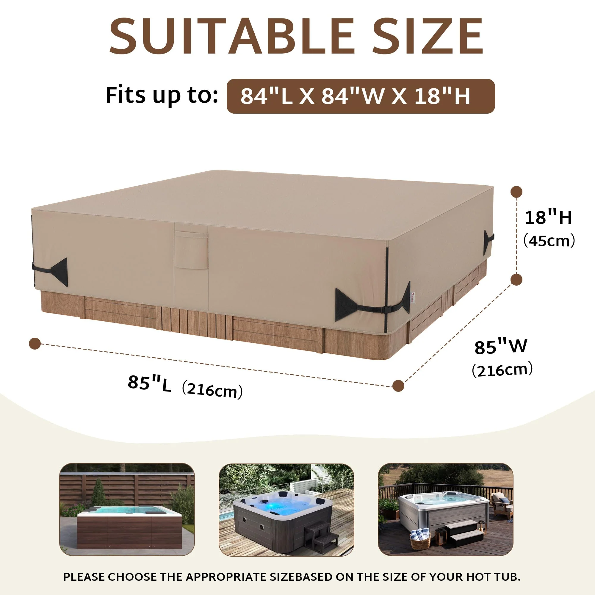 iBirdie Outdoor Waterproof and Weatherproof Hot Tub Cover 85 x 85 inch fit 84 x 84 or 83 x 83 or 82 x 82 or 7 ft x 7 ft Square SPA 600D Heavy Duty Cover Protectors Protective Cap, Brown - Image 7