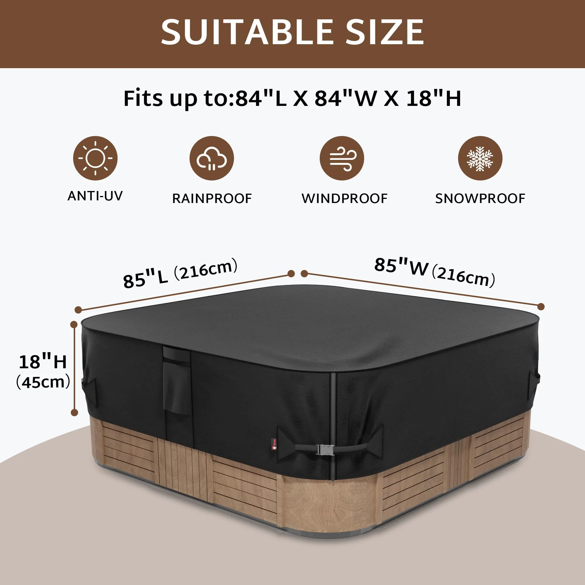 iBirdie Outdoor Waterproof and Weatherproof Hot Tub Cover 85 x 85 inch fit 84 x 84 or 83 x 83 or 82 x 82 or 7 ft x 7 ft Square SPA 600D Heavy Duty Protectors Protective Cover Cap - Image 9