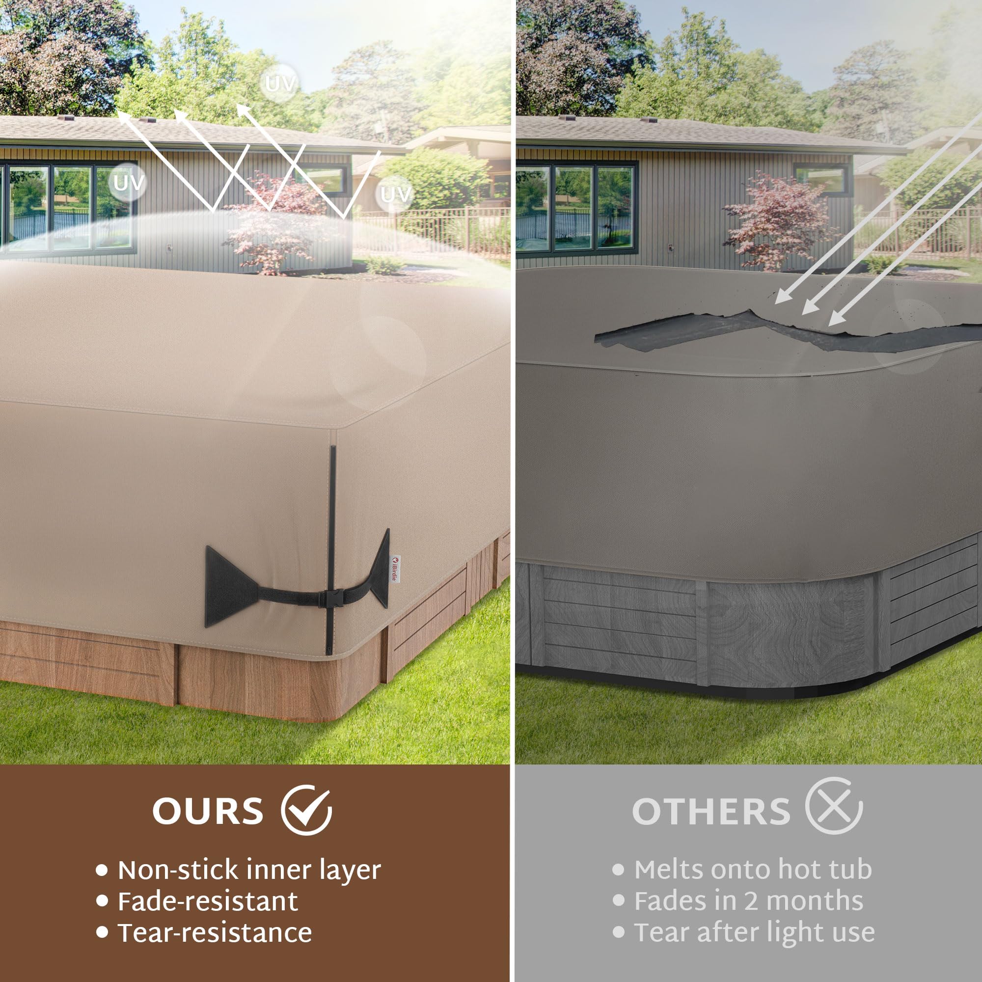 iBirdie Outdoor Waterproof and Weatherproof Hot Tub Cover 90 x 90 inch fit 89 x 89 or 88 x 88 or 87 x 87 Square SPA 600D Heavy Duty Cover Protectors Protective Cap, Brown - Image 3