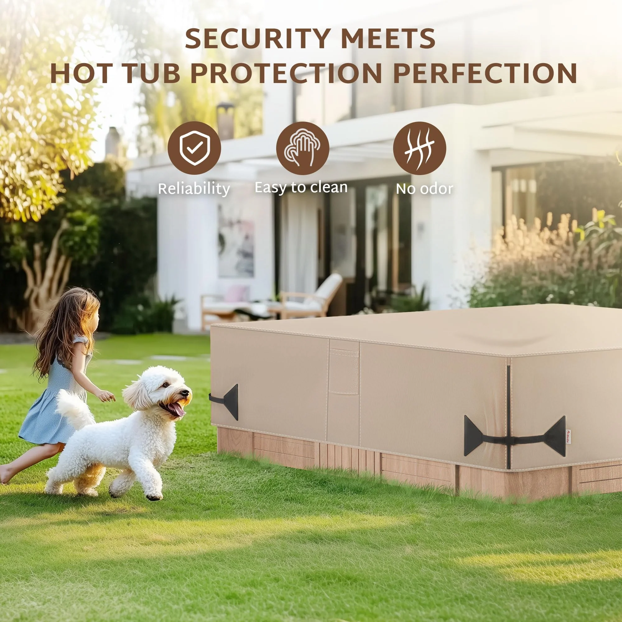 iBirdie Outdoor Waterproof Hot Tub Cover 93 x 93 inch fit 92 x 92 or 91 x 91 or 90 x 90 Square SPA 600D Heavy Duty Weatherproof Cover Protectors Protective Cap, Brown - Image 2