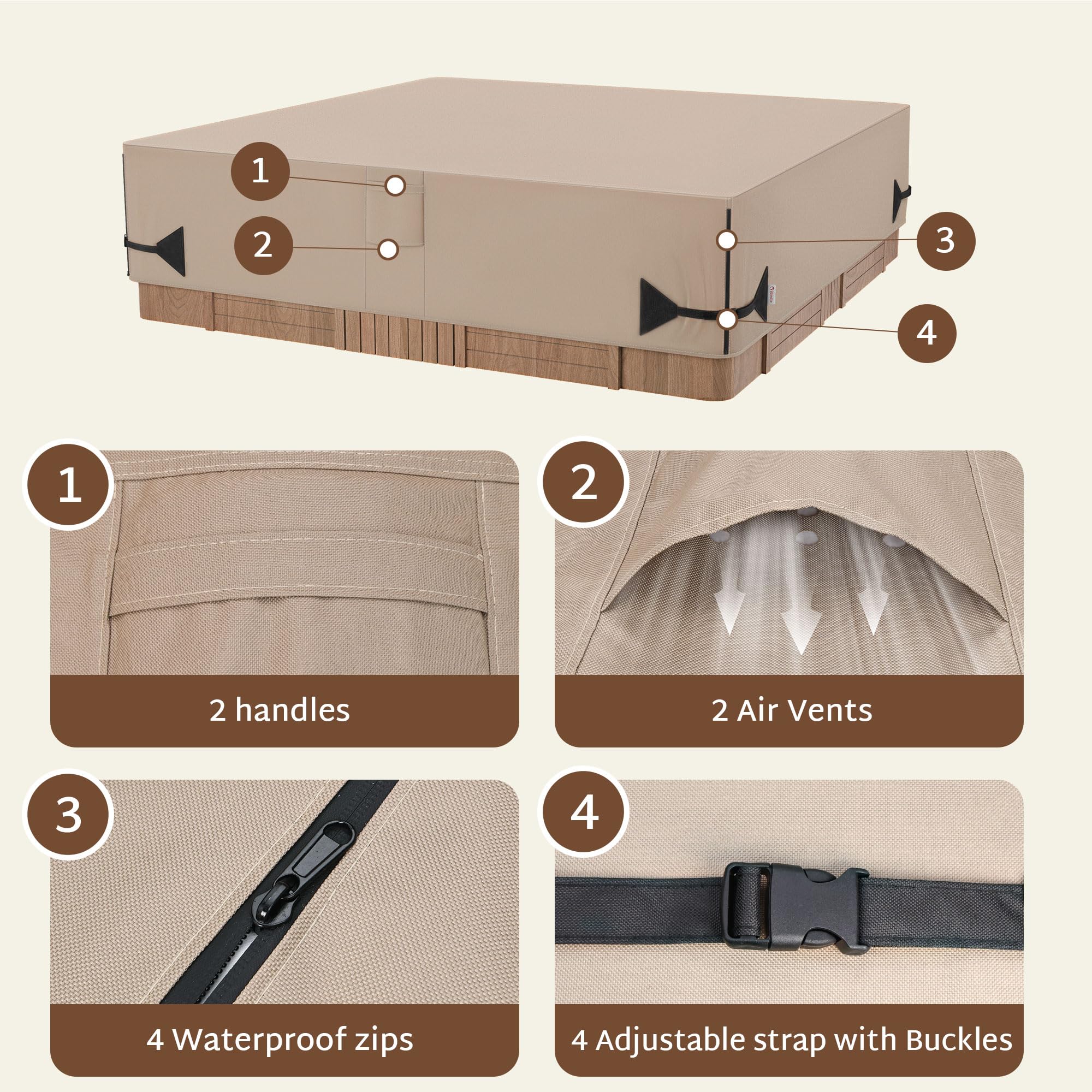 iBirdie Outdoor Waterproof Hot Tub Cover 93 x 93 inch fit 92 x 92 or 91 x 91 or 90 x 90 Square SPA 600D Heavy Duty Weatherproof Cover Protectors Protective Cap, Brown - Image 5