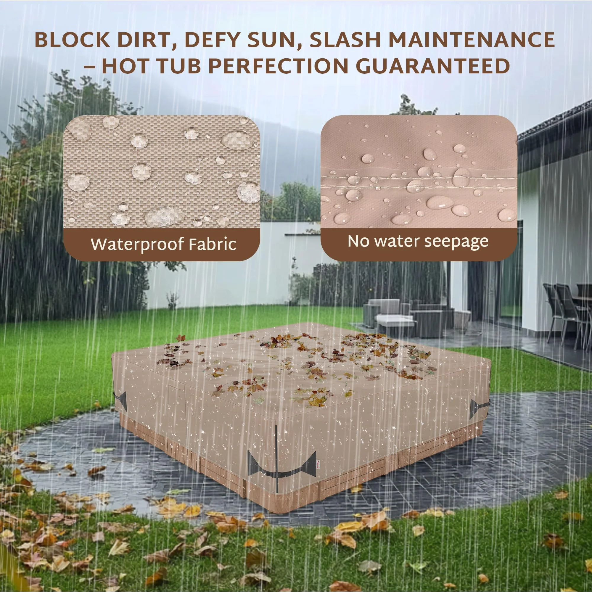 iBirdie Outdoor Waterproof Hot Tub Cover 93 x 93 inch fit 92 x 92 or 91 x 91 or 90 x 90 Square SPA 600D Heavy Duty Weatherproof Cover Protectors Protective Cap, Brown - Image 6