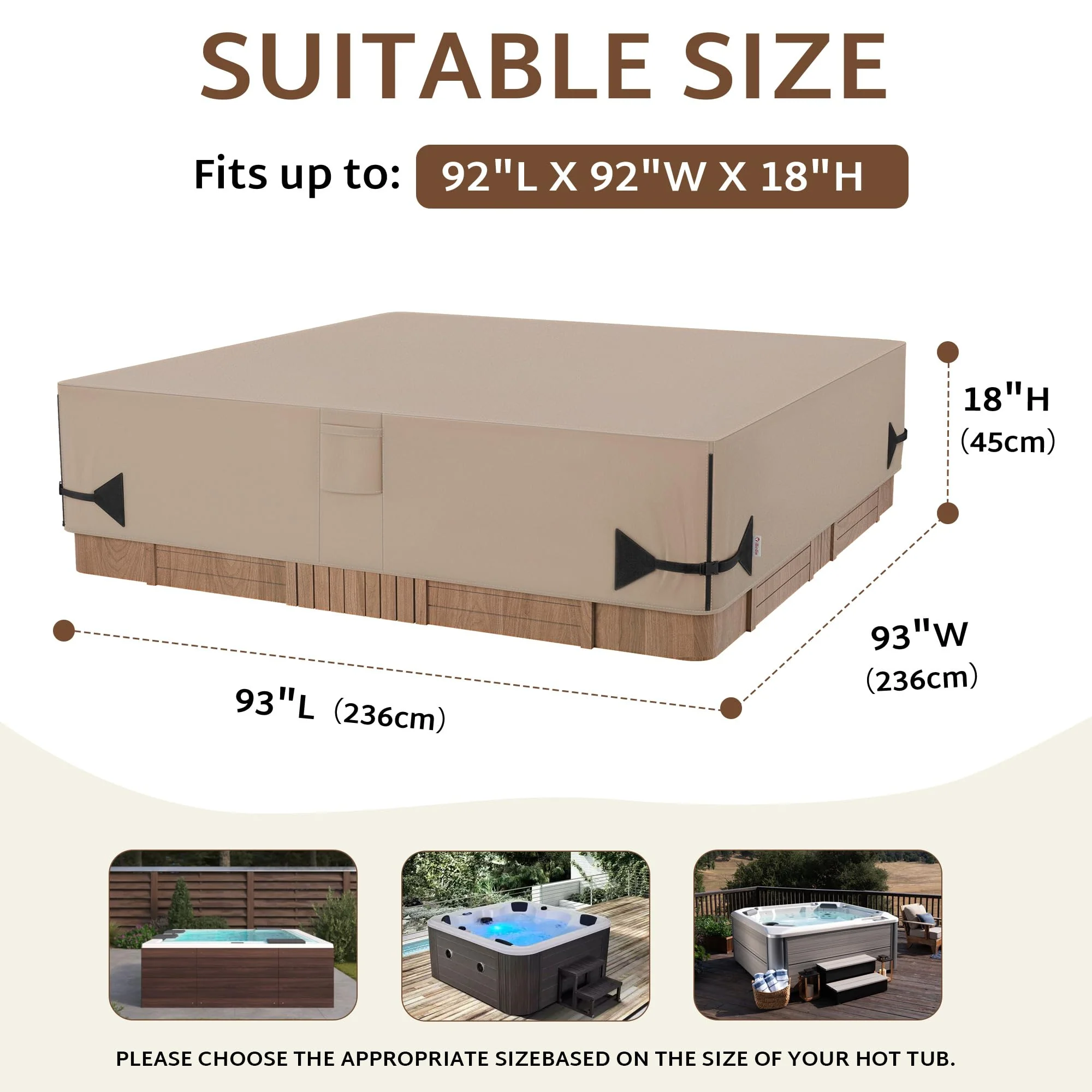iBirdie Outdoor Waterproof Hot Tub Cover 93 x 93 inch fit 92 x 92 or 91 x 91 or 90 x 90 Square SPA 600D Heavy Duty Weatherproof Cover Protectors Protective Cap, Brown - Image 7