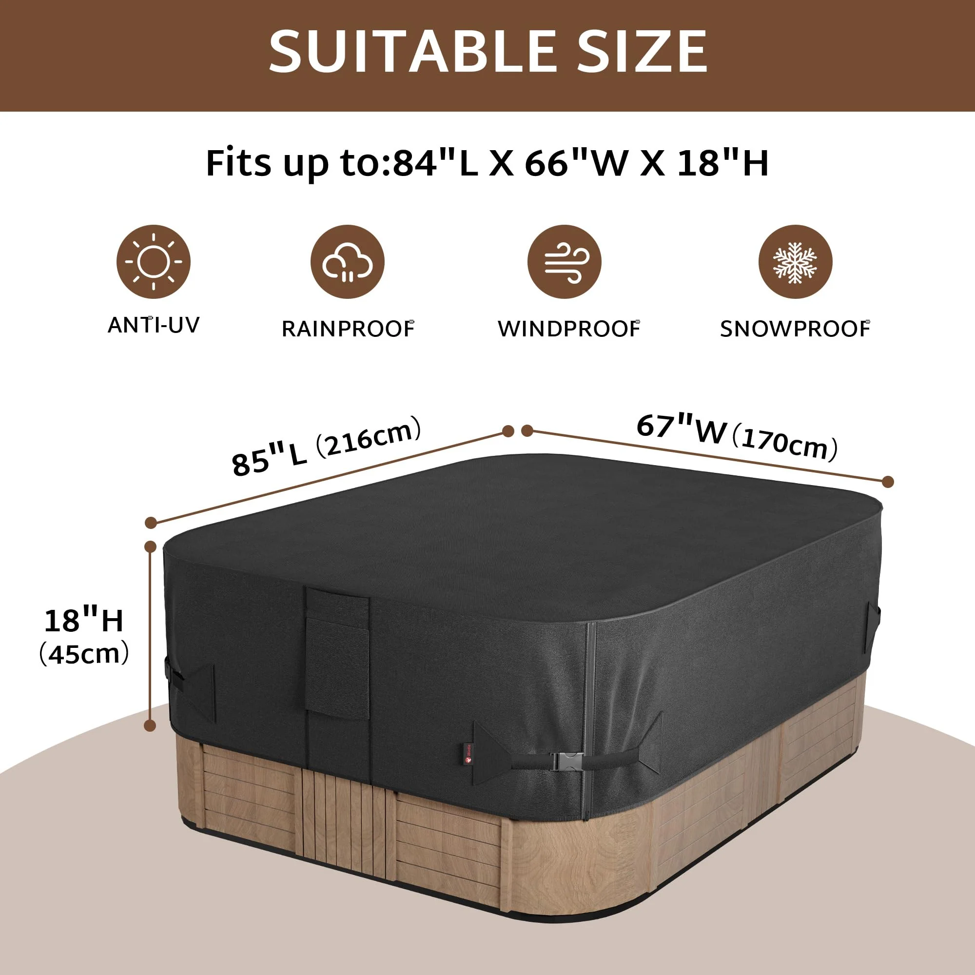 iBirdie Outdoor Waterproof Rectangular Hot Tub Cover 85 x 67 inch fit 84 x 66 or 83 x 65 or 82 x 64 SPA 600D Heavy Duty Rectangle Weatherproof Protectors Protective Cover Cap - Image 8