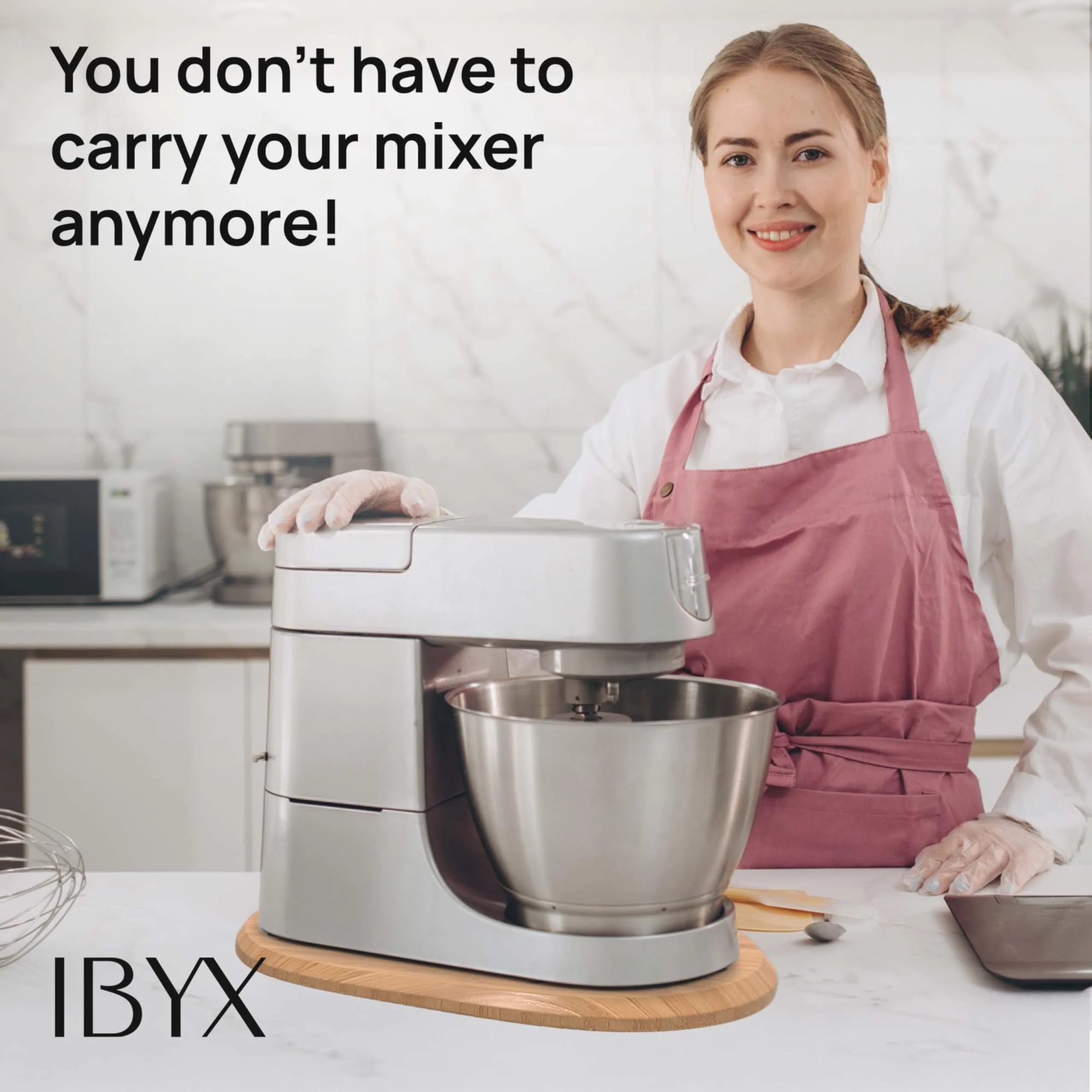 Ibyx Bamboo Round Sliding Tray for Kitchen Appliances - Countertop Appliance Slider with Rubber Wheels for Pressure Cooker, Air Fryer, Instant Pot - Worktop Rolling Tray (Natural, 23 x 37 x 2 cm) - Image 2