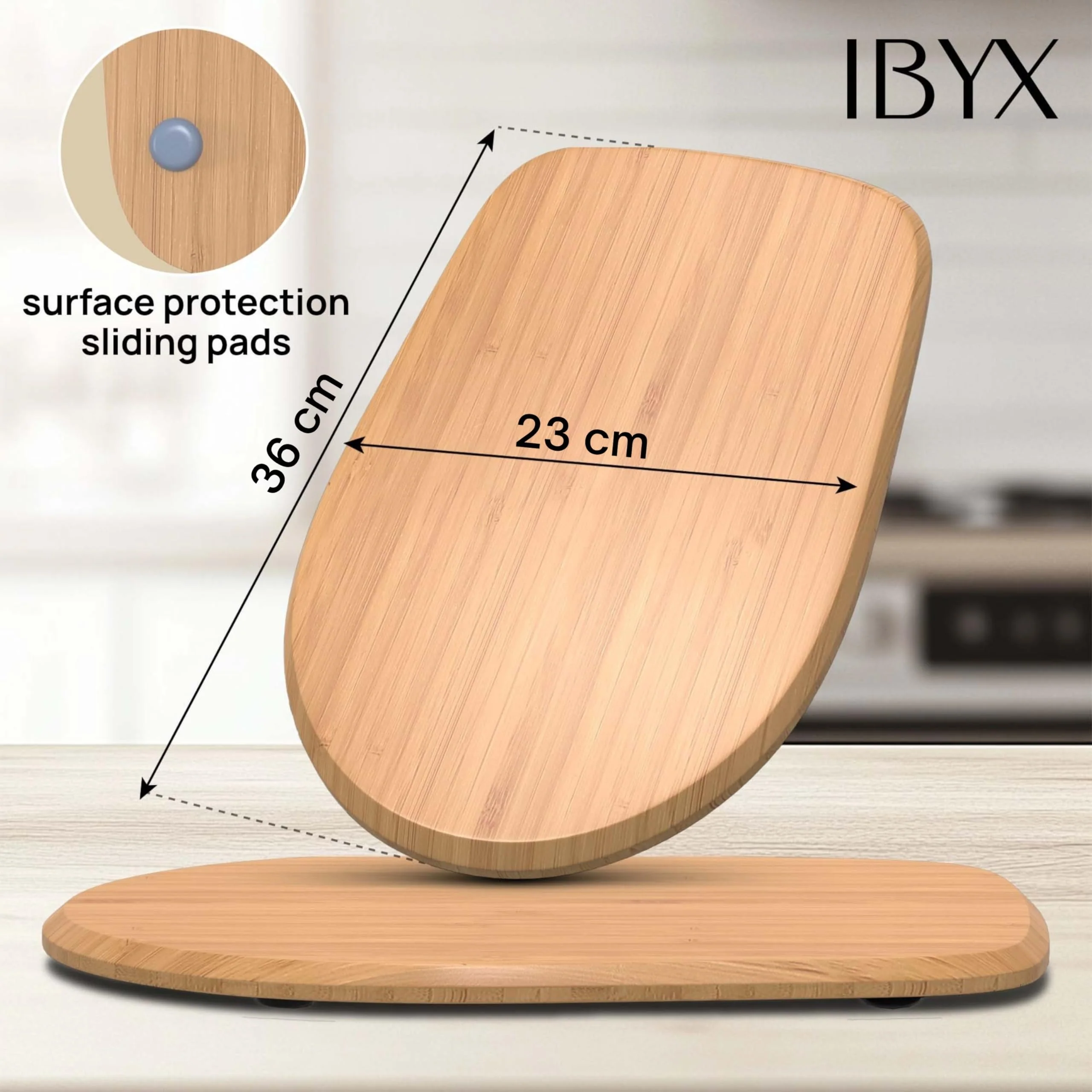 Ibyx Bamboo Round Sliding Tray for Kitchen Appliances - Countertop Appliance Slider with Rubber Wheels for Pressure Cooker, Air Fryer, Instant Pot - Worktop Rolling Tray (Natural, 23 x 37 x 2 cm) - Image 4