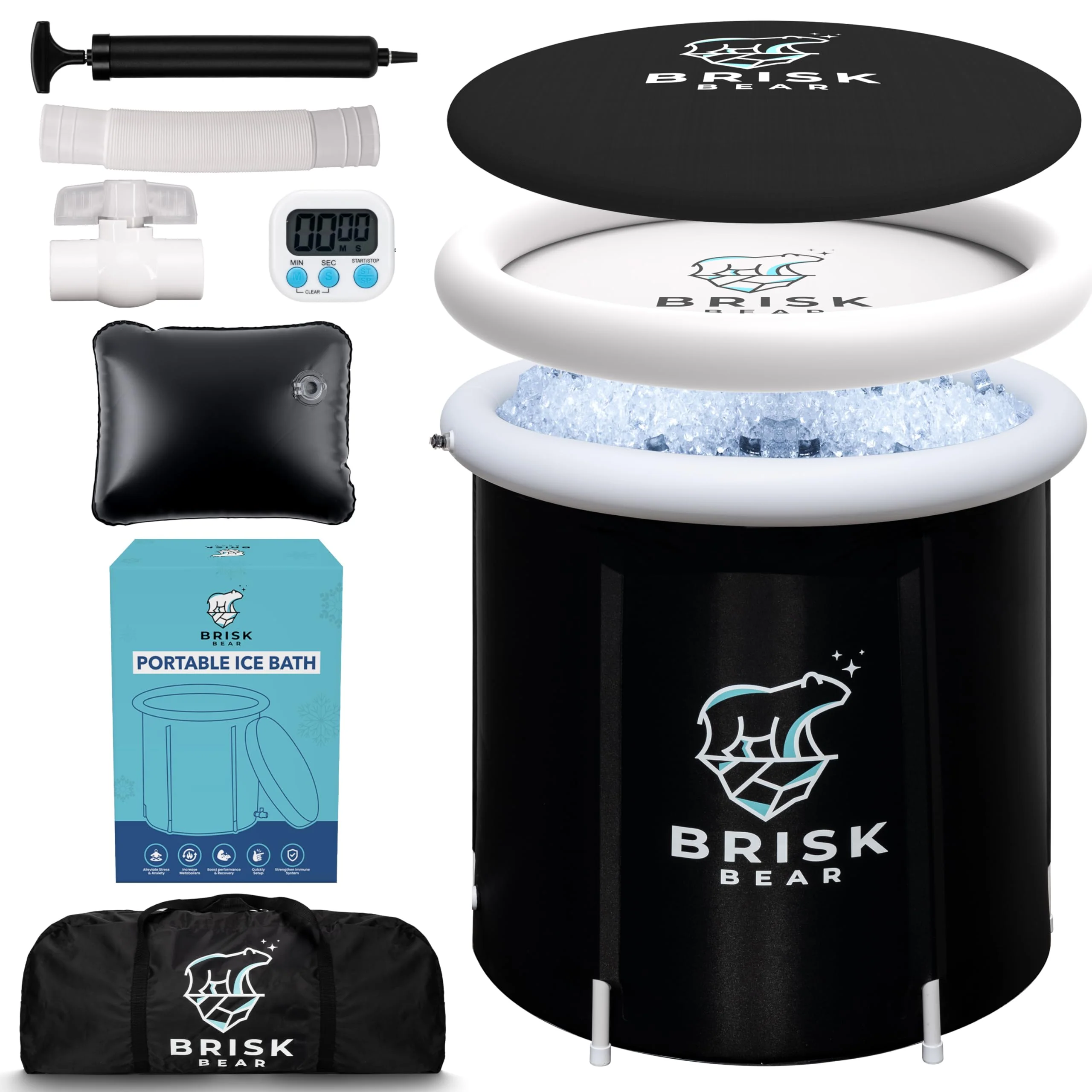 Ice Bath Tub for Athletes with Cover by Brisk Bear - Extra Large Cold Plunge Tub for Recovery - Inflatable Ice Bath Plunge Pool with Digital Timer - Cold Plunge to Soothe Muscles - Black Ice Tub