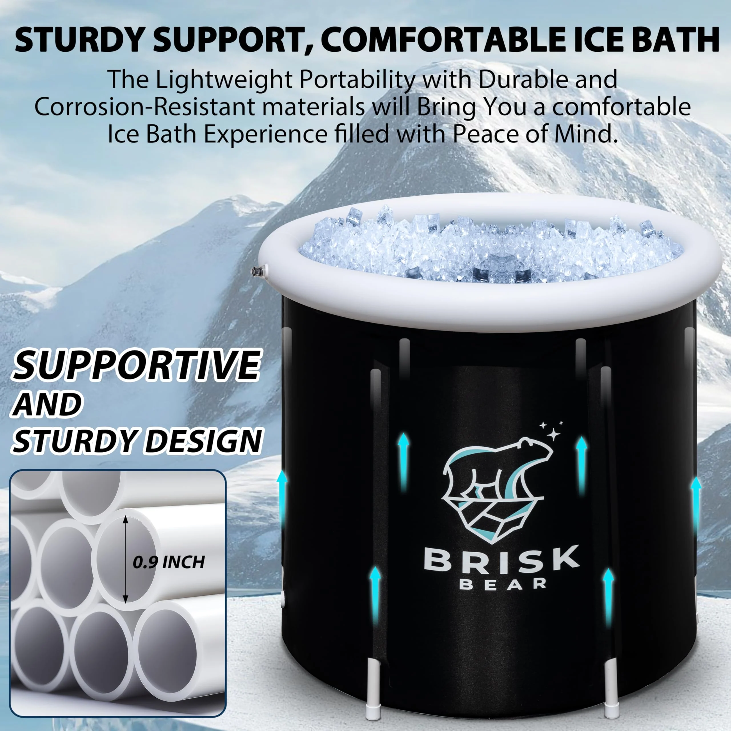 Ice Bath Tub for Athletes with Cover by Brisk Bear - Extra Large Cold Plunge Tub for Recovery - Inflatable Ice Bath Plunge Pool with Digital Timer - Cold Plunge to Soothe Muscles - Black Ice Tub - Image 2