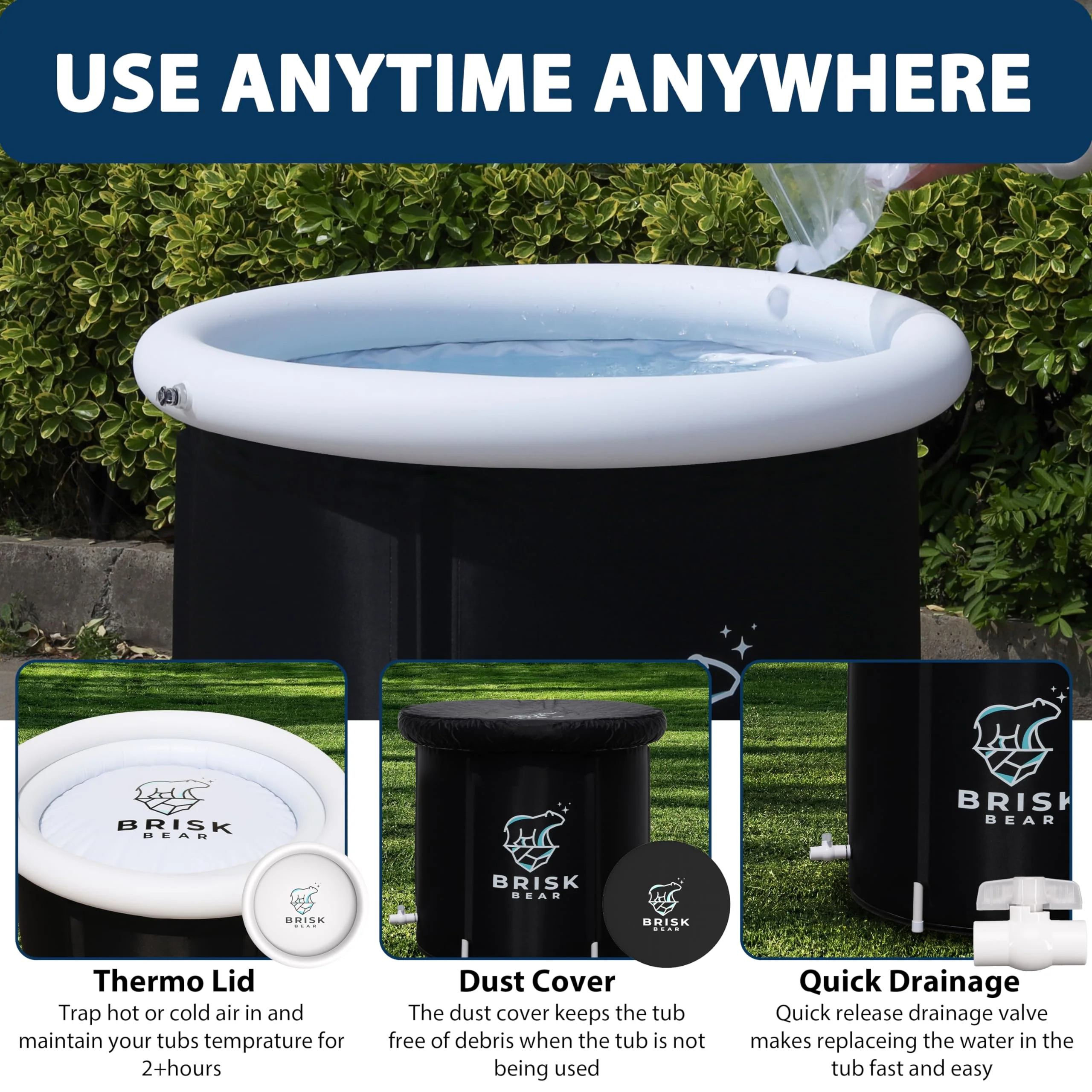 Ice Bath Tub for Athletes with Cover by Brisk Bear - Extra Large Cold Plunge Tub for Recovery - Inflatable Ice Bath Plunge Pool with Digital Timer - Cold Plunge to Soothe Muscles - Black Ice Tub - Image 3