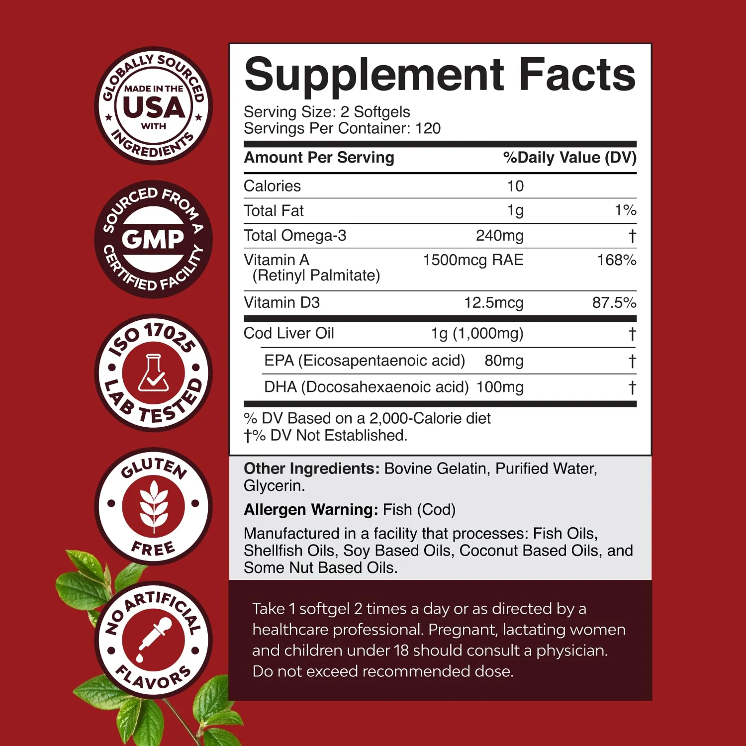 Icelandic Wild Caught Cod Liver Oil Softgels - Fish Omega 3, EPA, DHA, Vitamin D & A, 1000mg Per Serving - Burpless Capsules for Healthy Heart, Healthy Joints, Brain & Immune Support - 240 Count - Image 3