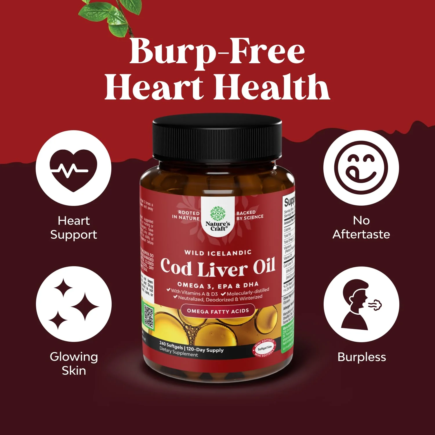 Icelandic Wild Caught Cod Liver Oil Softgels - Fish Omega 3, EPA, DHA, Vitamin D & A, 1000mg Per Serving - Burpless Capsules for Healthy Heart, Healthy Joints, Brain & Immune Support - 240 Count - Image 5