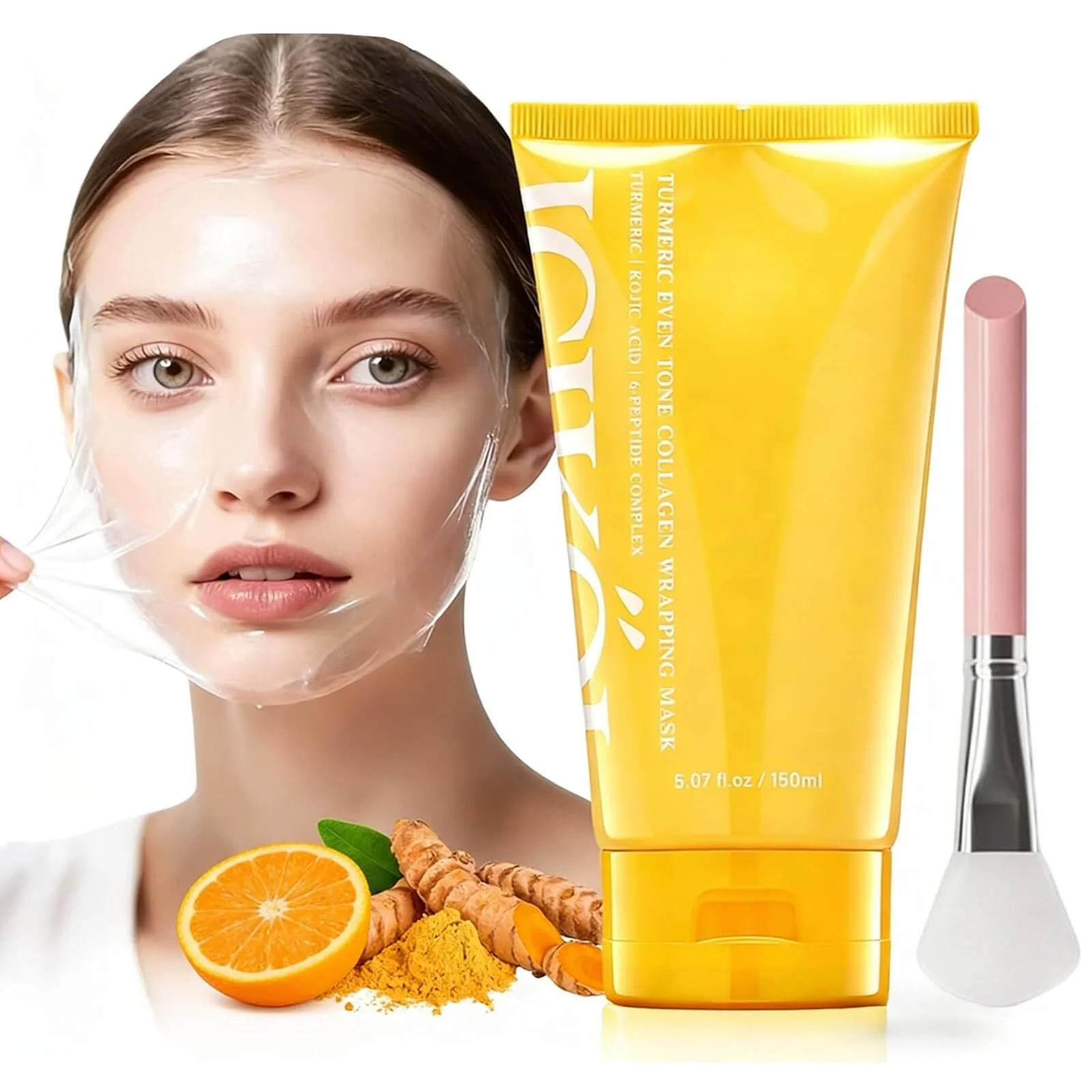 ICIKOL Turmeric Collagen Night Wrapping Mask, Kojic Acid Overnight Peel Off Face Masks with Vitamin C for Refresh Dullness Looking Skin, Hydrating Facial Masks Radiant Women Skin, 5.07 oz Large Size