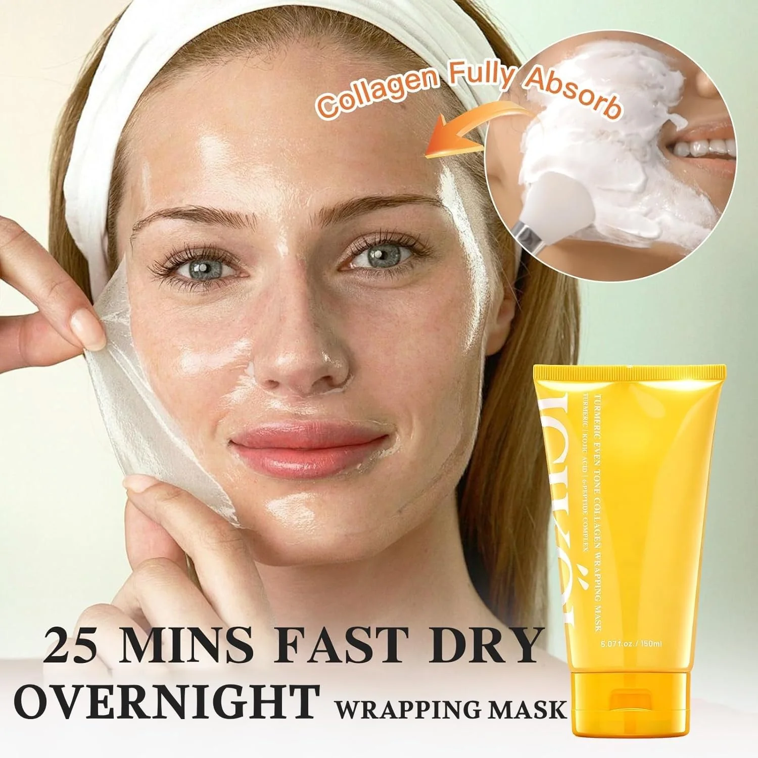 ICIKOL Turmeric Collagen Night Wrapping Mask, Kojic Acid Overnight Peel Off Face Masks with Vitamin C for Refresh Dullness Looking Skin, Hydrating Facial Masks Radiant Women Skin, 5.07 oz Large Size - Image 5
