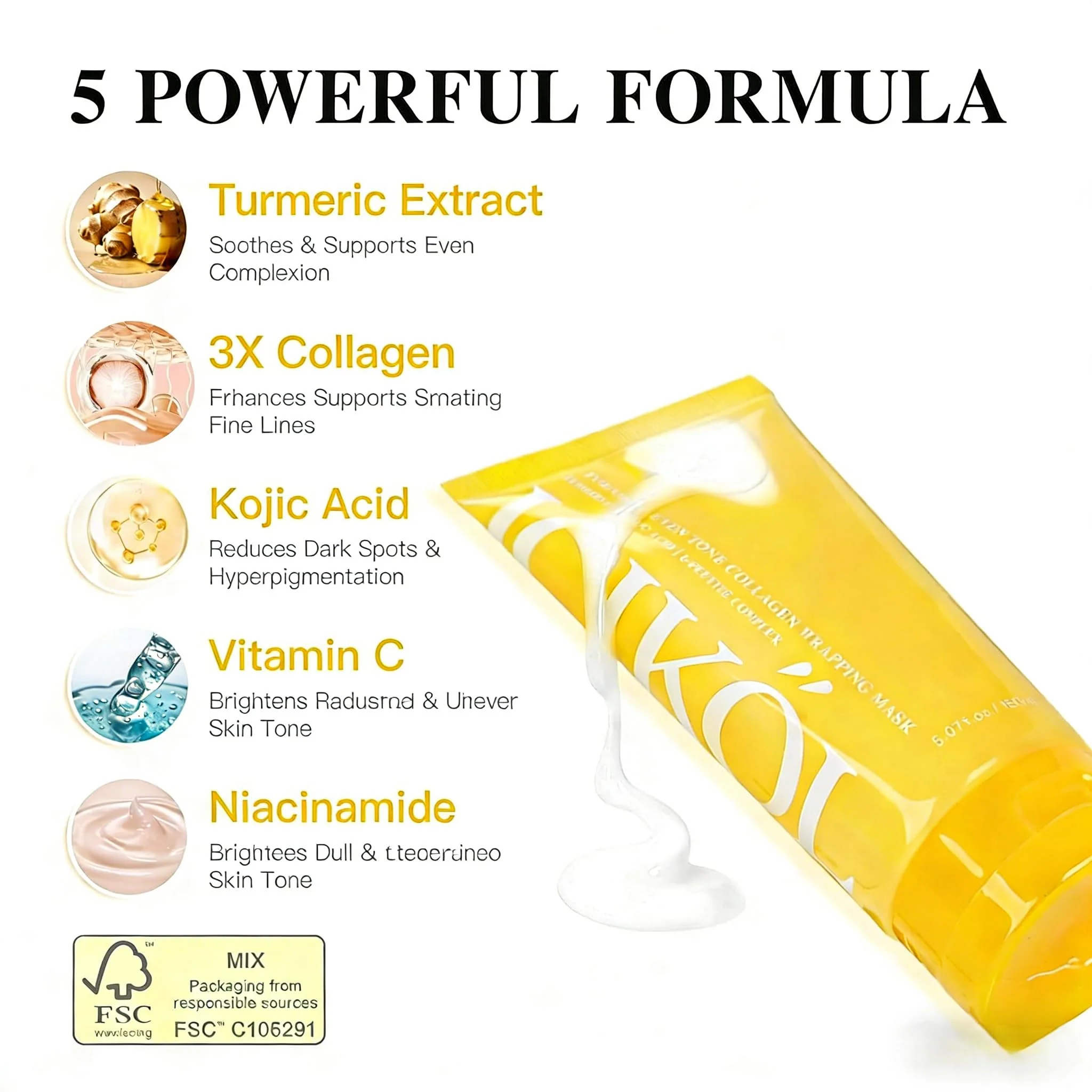 ICIKOL Turmeric Collagen Night Wrapping Mask, Kojic Acid Overnight Peel Off Face Masks with Vitamin C for Refresh Dullness Looking Skin, Hydrating Facial Masks Radiant Women Skin, 5.07 oz Large Size - Image 7