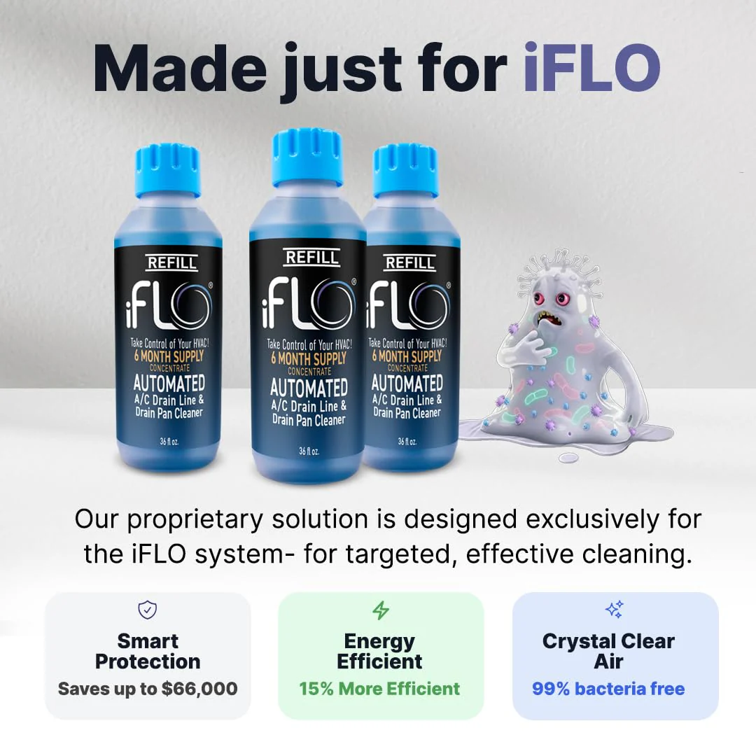 iFLO® Smart A/C Drain Line Cleaner and Drain Pan Cleaner Cartridge Concentrate, Fast-Acting, Long-Lasting HVAC System Solution for Tough Clogs & Buildup, 6-Month Supply per Bottle, 2 Pack of 36oz - Image 6