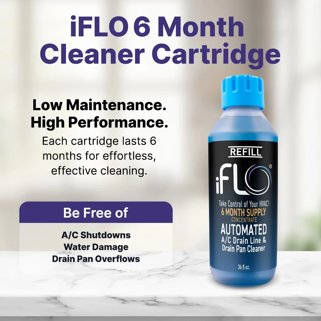 iFLO® Smart A/C Drain Line Cleaner and Drain Pan Cleaner Cartridge Concentrate, Fast-Acting, Long-Lasting HVAC System Solution for Tough Clogs & Buildup, 6-Month Supply per Bottle, 2 Pack of 36oz - Image 8