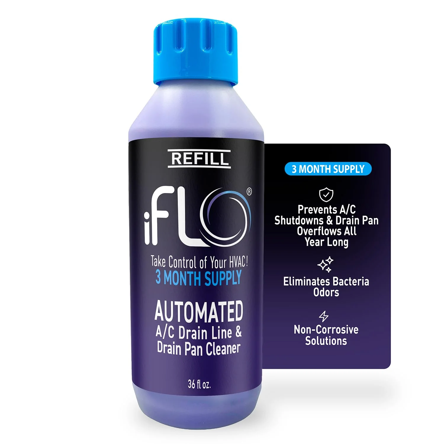iFLO® Smart A/C Drain Line Cleaner and Drain Pan Cleaner Cartridge, Fast-Acting, Long-Lasting HVAC System Solution for Tough Clogs & Buildup, 3-Month Supply per Bottle, 1 Pack of 36oz