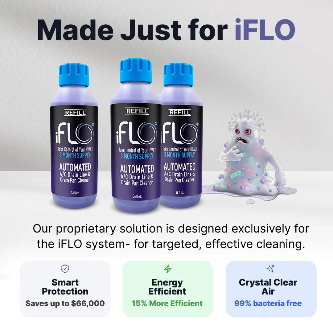 iFLO® Smart A/C Drain Line Cleaner and Drain Pan Cleaner Cartridge, Fast-Acting, Long-Lasting HVAC System Solution for Tough Clogs & Buildup, 3-Month Supply per Bottle, 1 Pack of 36oz - Image 6