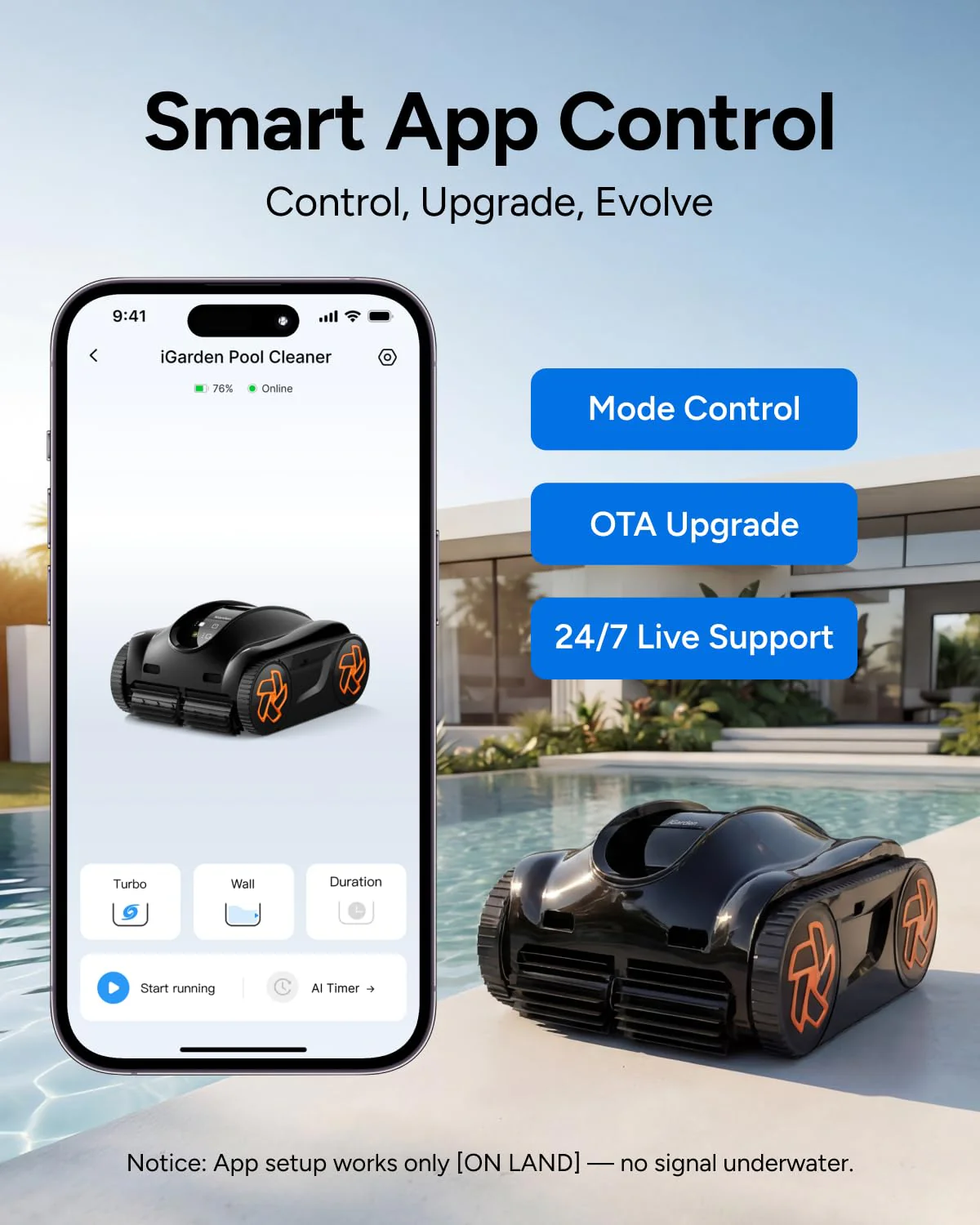 iGarden Robotic Pool Cleaner K Series, Cordless Pool Vacuum Robot for Inground & Above Ground Pools, Smart Navigation, Touchscreen, Self-Parking, Cleans Floor, Wall & Waterline, 220 Min - Image 8