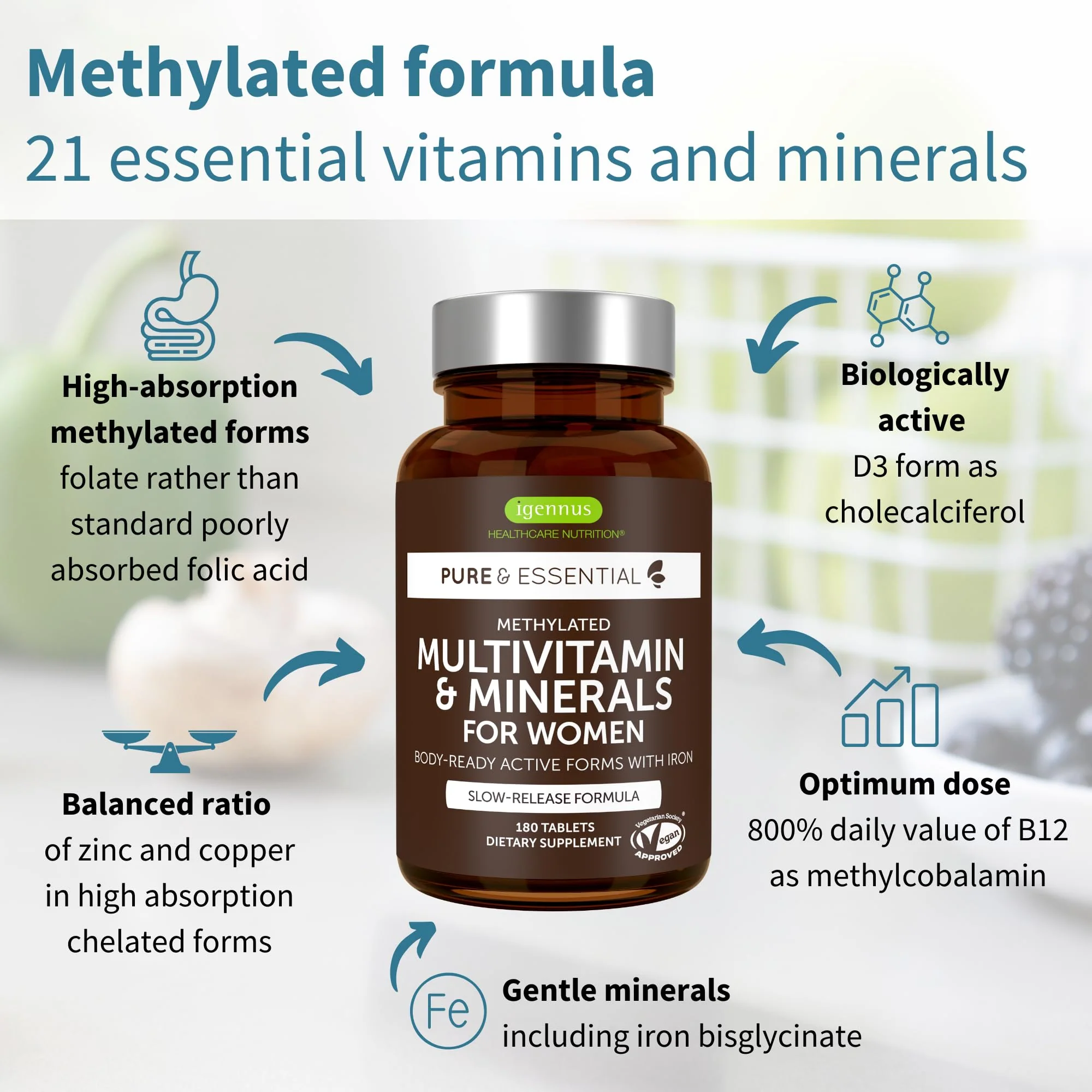 Igennus High Potency Methylated Multivitamin for Women with Gentle Iron, 5-MTHF Folate & Methylcobalamin B12, Pure & Clean, Sustained Release, Active B-Complex & K2 MK-7, Non-GMO, 180 Vegan Tablets - Image 3