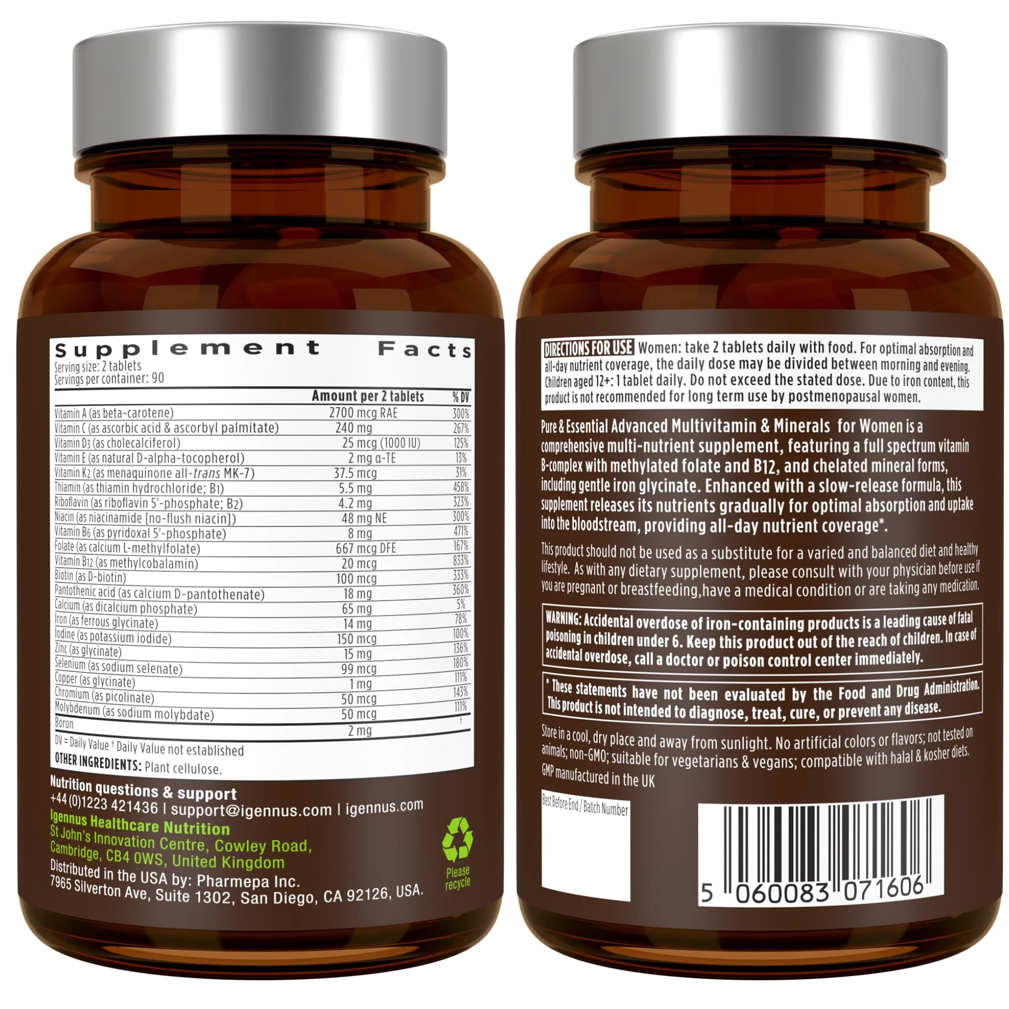 Igennus High Potency Methylated Multivitamin for Women with Gentle Iron, 5-MTHF Folate & Methylcobalamin B12, Pure & Clean, Sustained Release, Active B-Complex & K2 MK-7, Non-GMO, 180 Vegan Tablets - Image 7