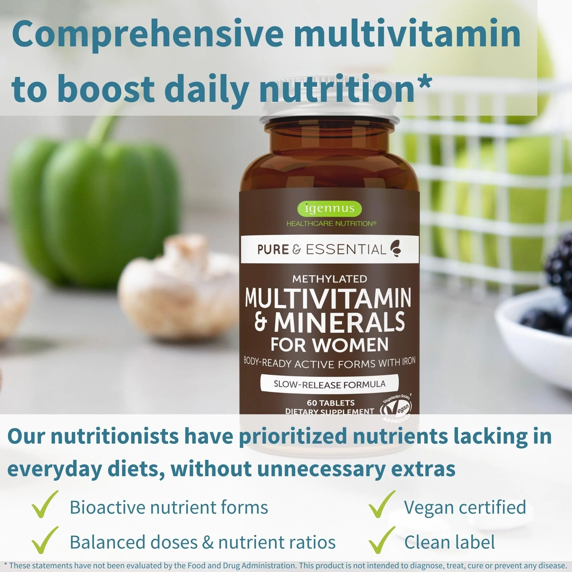 Igennus High Potency Methylated Multivitamin for Women with Gentle Iron, 5-MTHF Folate & Methylcobalamin B12, Pure & Clean, Sustained Release, Active B-Complex & K2 MK-7, Non-GMO, 60 Vegan Tablets - Image 3