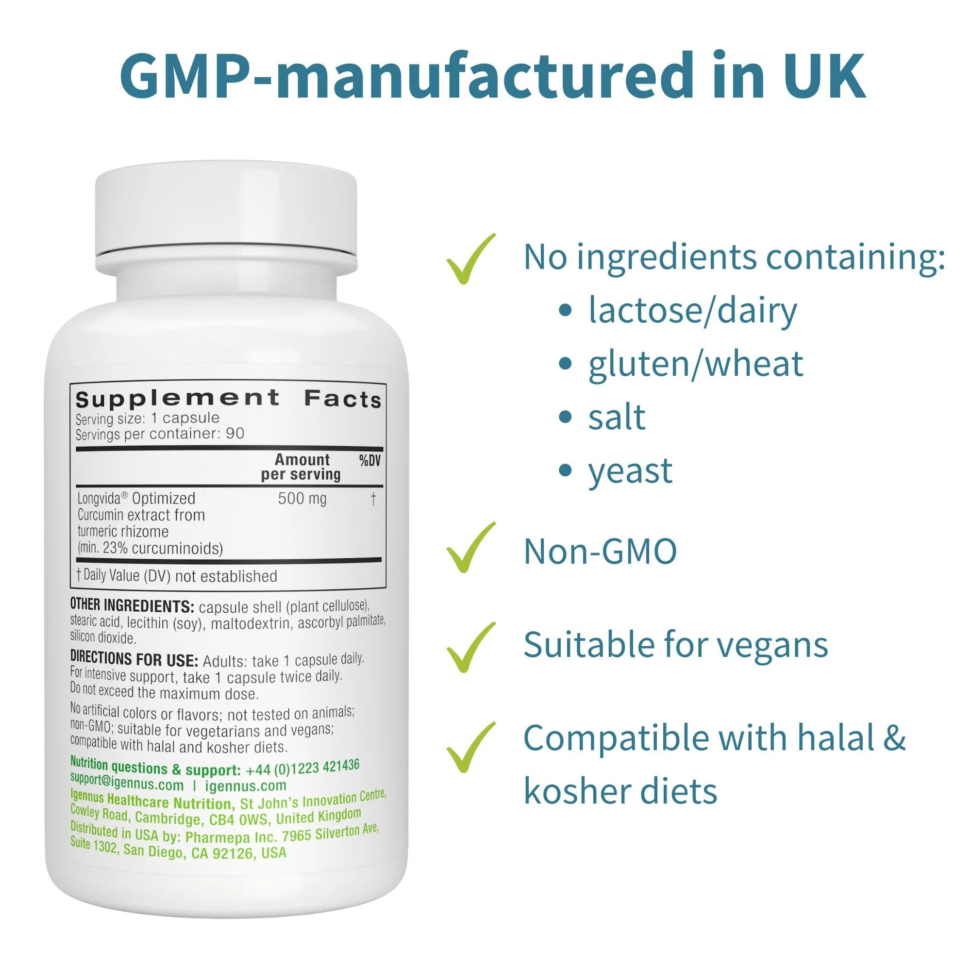 Igennus Longvida Lipidated Curcumin 500mg, Ultra Bioavailable & Sustained Action, 65x Higher Plasma Levels, Intensive Support, Free-Form Curcumin, Vegan, 90 Capsules - Image 5