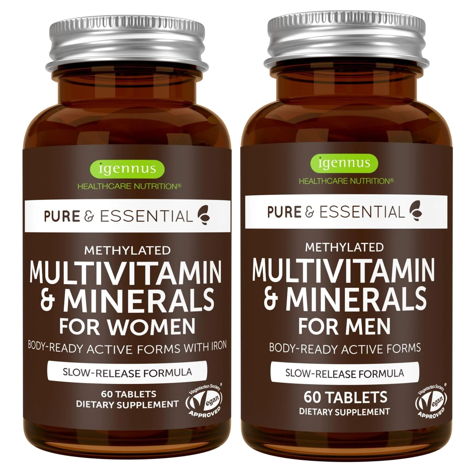Igennus Methylated Multivitamin for Men & Women 2-Pack, All-Day Nutrient Delivery, Pure & Clean, Methylfolate & Methylcobalamin, High Strength MTHFR Supplement, Non-GMO & Halal, 30 Day Supply