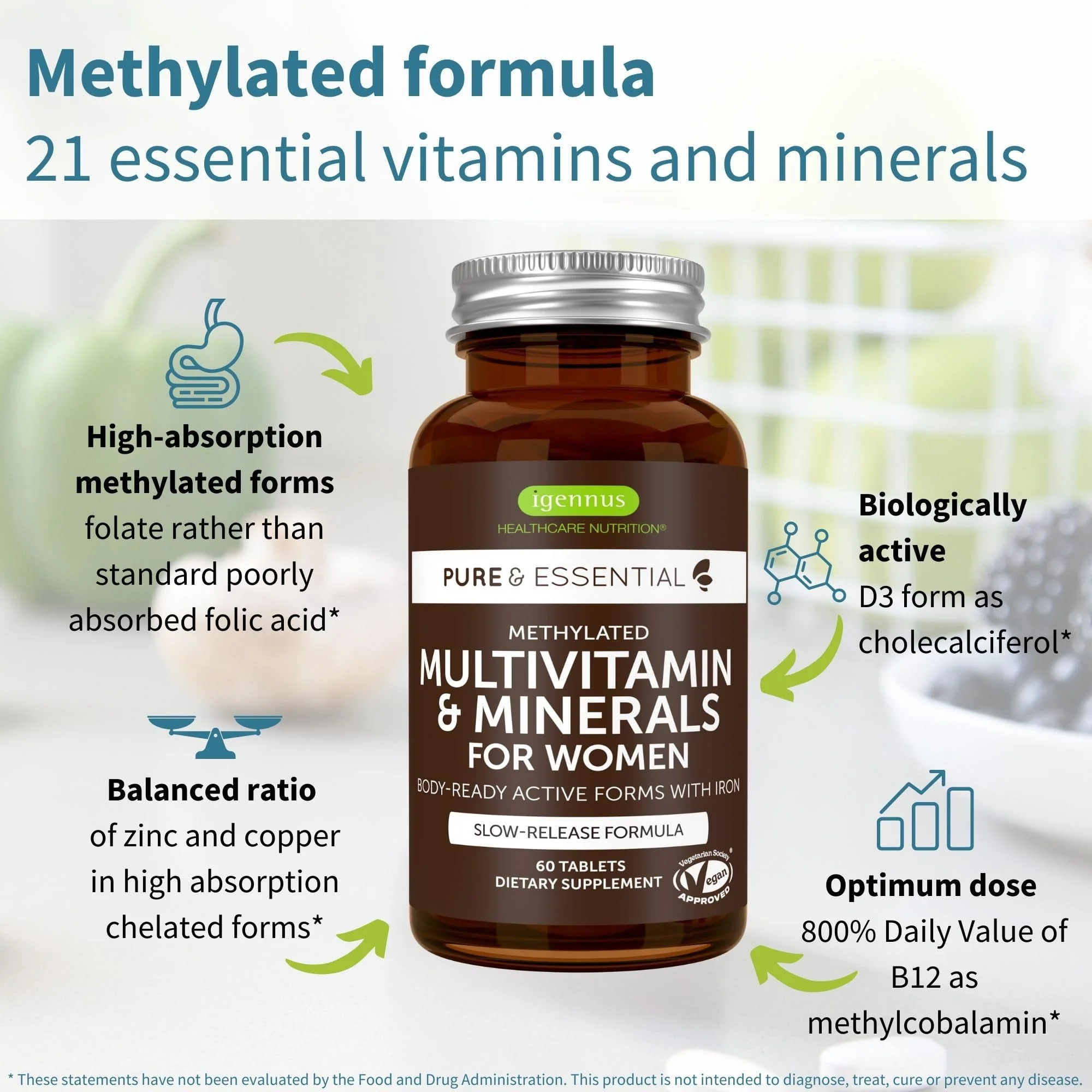 Igennus Methylated Multivitamin for Men & Women 2-Pack, All-Day Nutrient Delivery, Pure & Clean, Methylfolate & Methylcobalamin, High Strength MTHFR Supplement, Non-GMO & Halal, 30 Day Supply - Image 2
