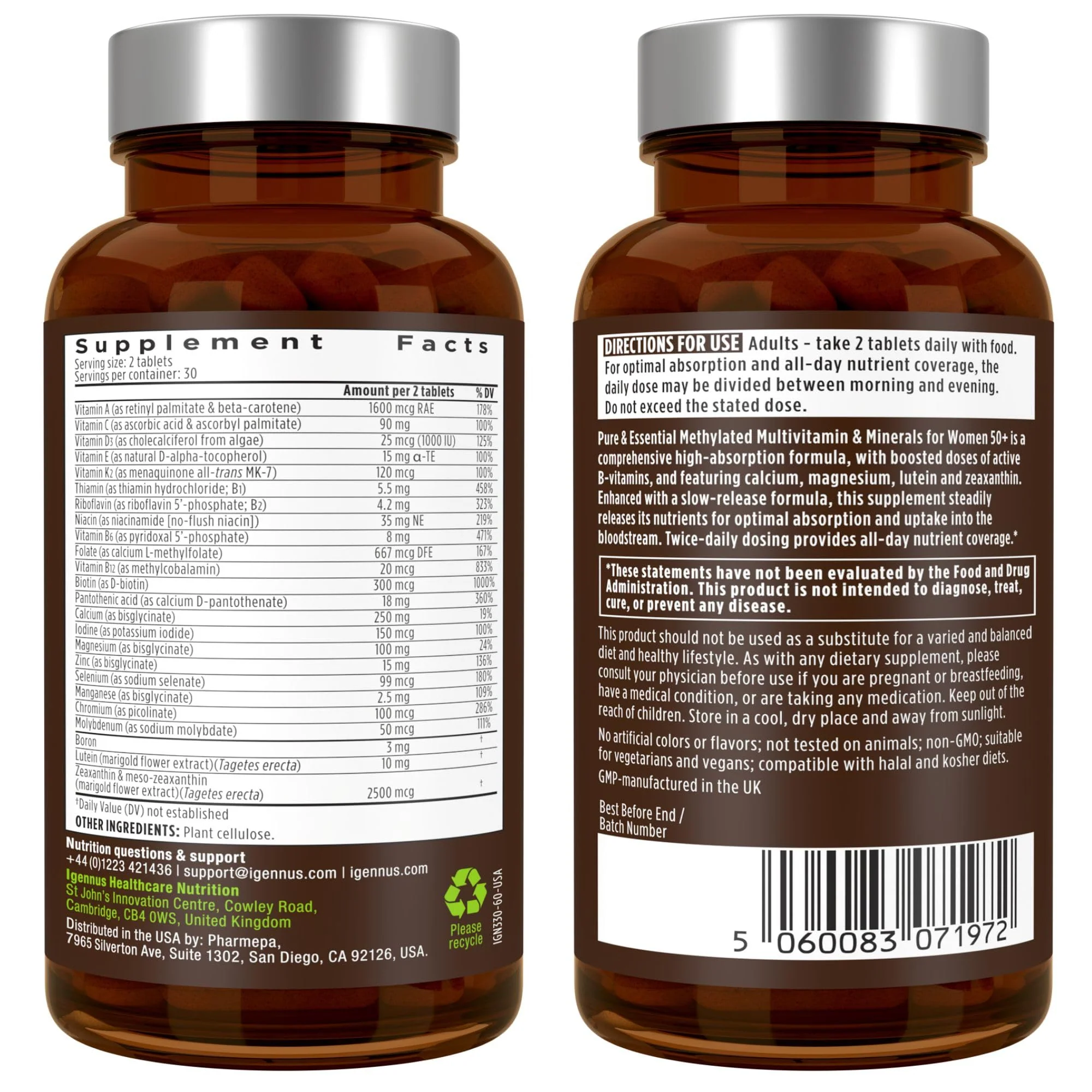 Igennus Methylated Multivitamin for Women 50+, Calcium & Magnesium for Bone Support, Sustained Release & Active B-Vitamins, Iron-Free Formula, Antioxidant Support, Clean Label, 60 Tablets - Image 9