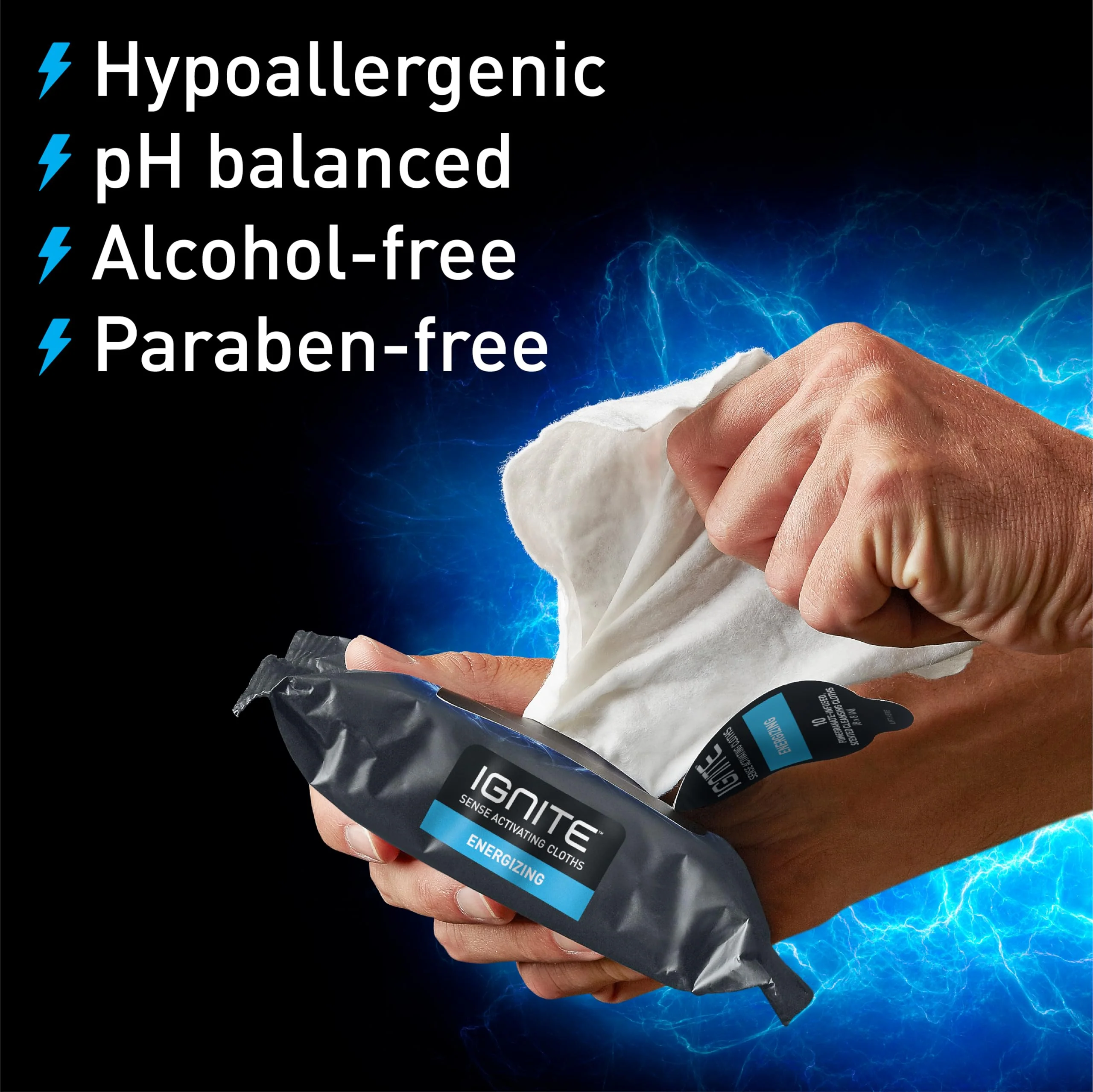 Ignite Mens Body Wet Wipes, Extra Thick 8" x 8" Shower Wipes, Energizing Scent, 10 Count (Pack of 5) - Image 4