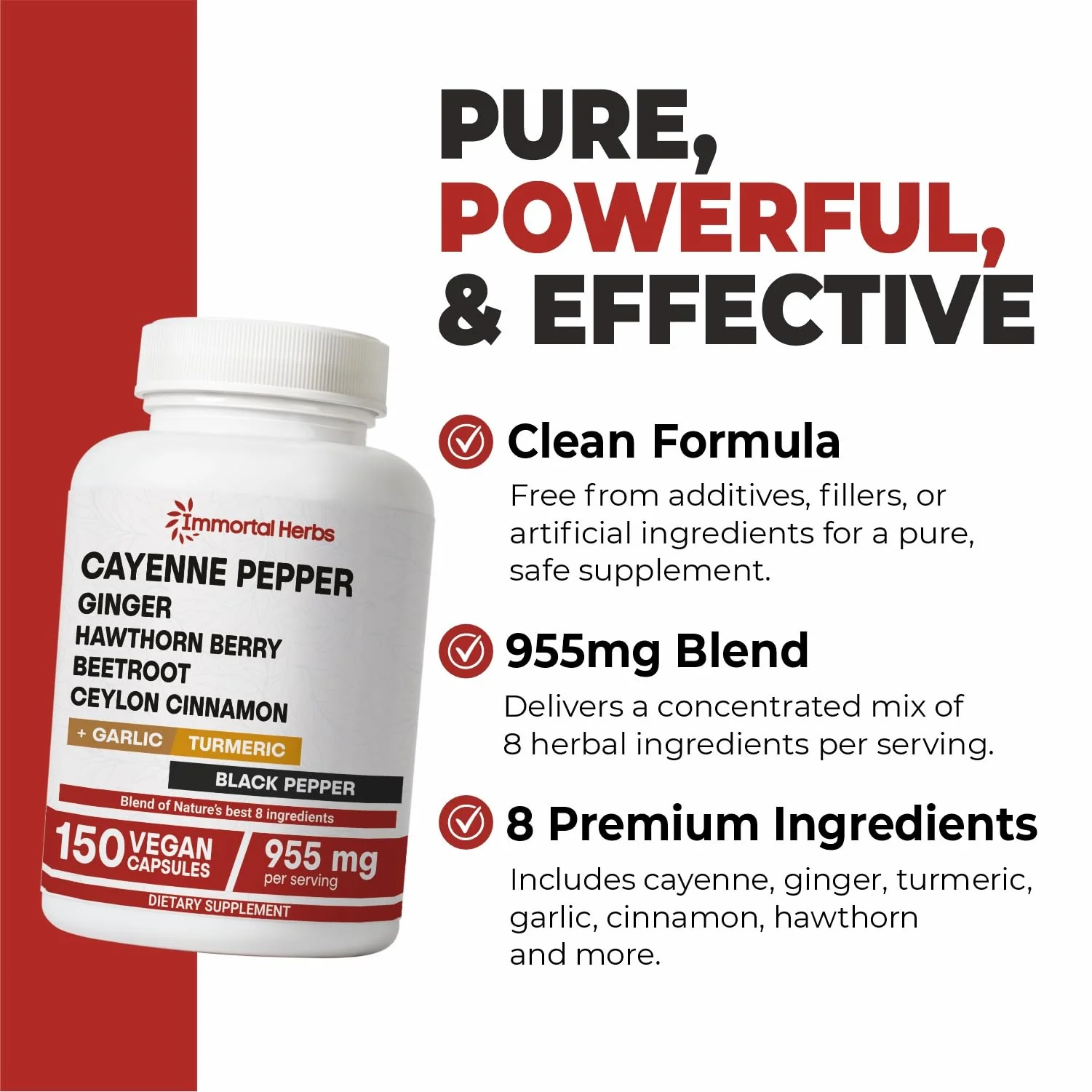 Immortal Herbs Cayenne Pepper Capsules w/Garlic, Ginger, Hawthorn, Turmeric, Cinnamon, Beet Root and Black Pepper Extract, 150 Cayenne Capsules, Non-GMO & Gluten Free Capsaicin Supplement - Image 6