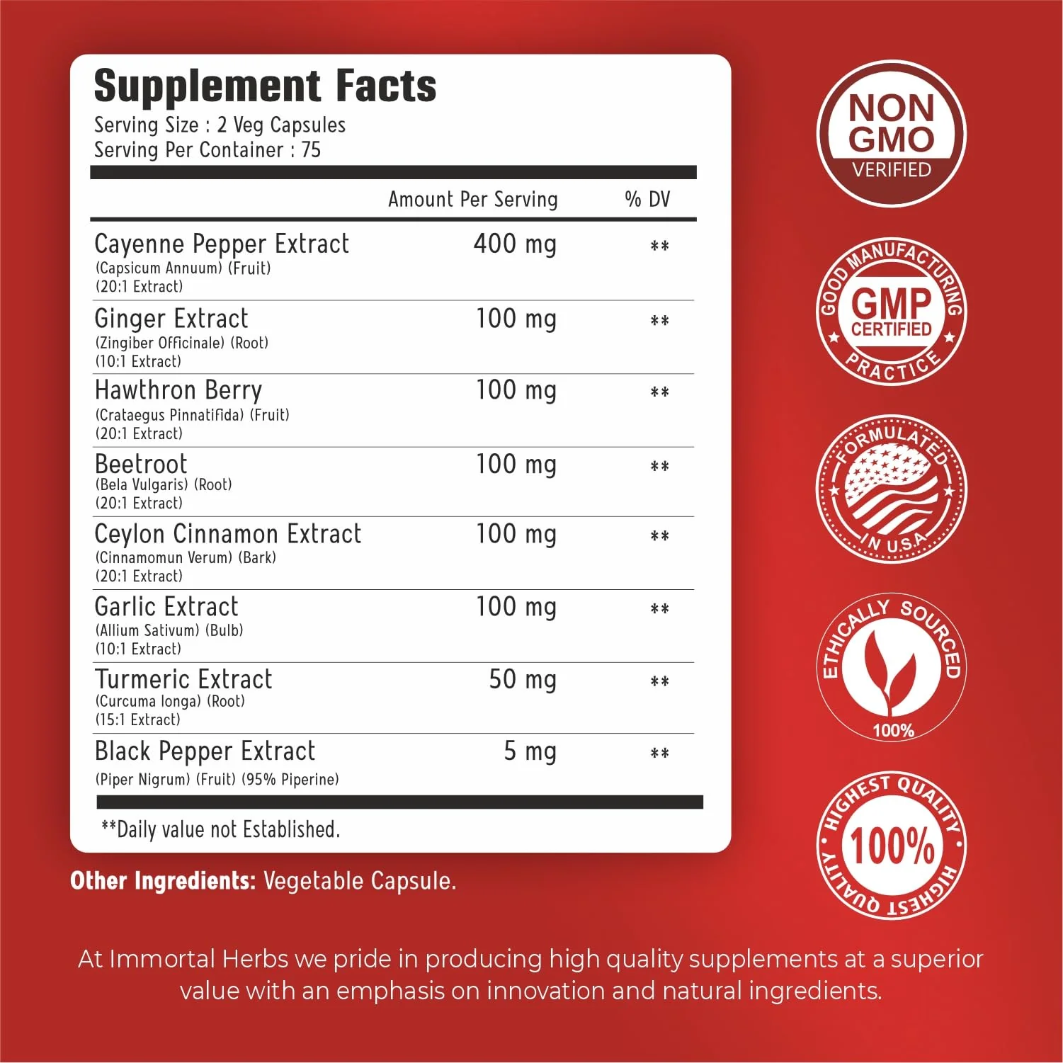 Immortal Herbs Cayenne Pepper Capsules w/Garlic, Ginger, Hawthorn, Turmeric, Cinnamon, Beet Root and Black Pepper Extract, 150 Cayenne Capsules, Non-GMO & Gluten Free Capsaicin Supplement - Image 7