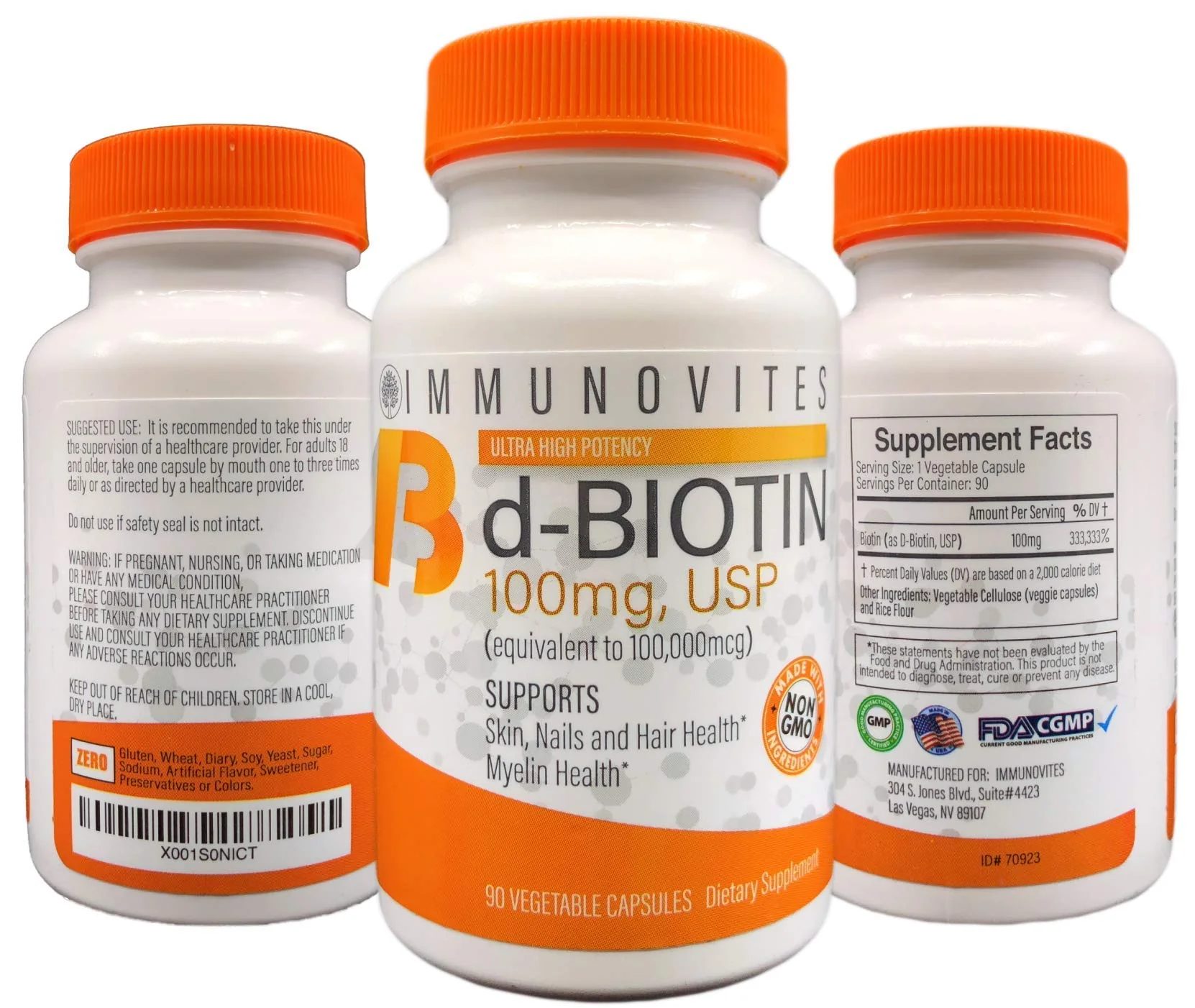 IMMUNOVITES 3-Pack High Dose Biotin (as d-Biotin, USP) 100mg (Equivalent to 100,000mcg) 90 Capsules, High Potency (3) - Image 2