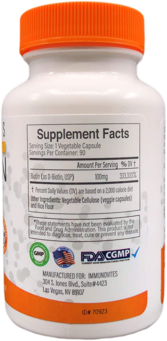 IMMUNOVITES 3-Pack High Dose Biotin (as d-Biotin, USP) 100mg (Equivalent to 100,000mcg) 90 Capsules, High Potency (3) - Image 3
