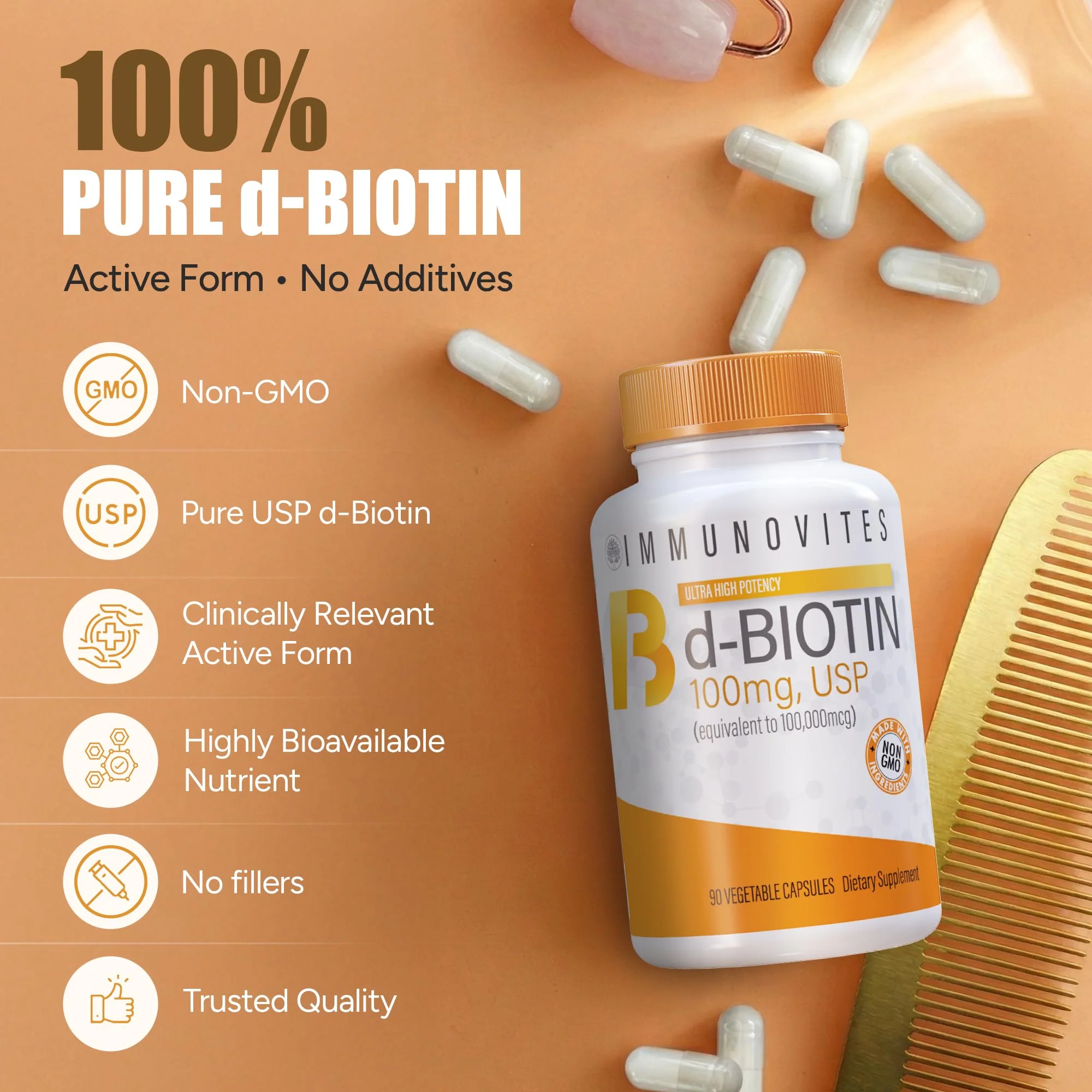 IMMUNOVITES 3-Pack High Dose Biotin (as d-Biotin, USP) 100mg (Equivalent to 100,000mcg) 90 Capsules, High Potency (3) - Image 5