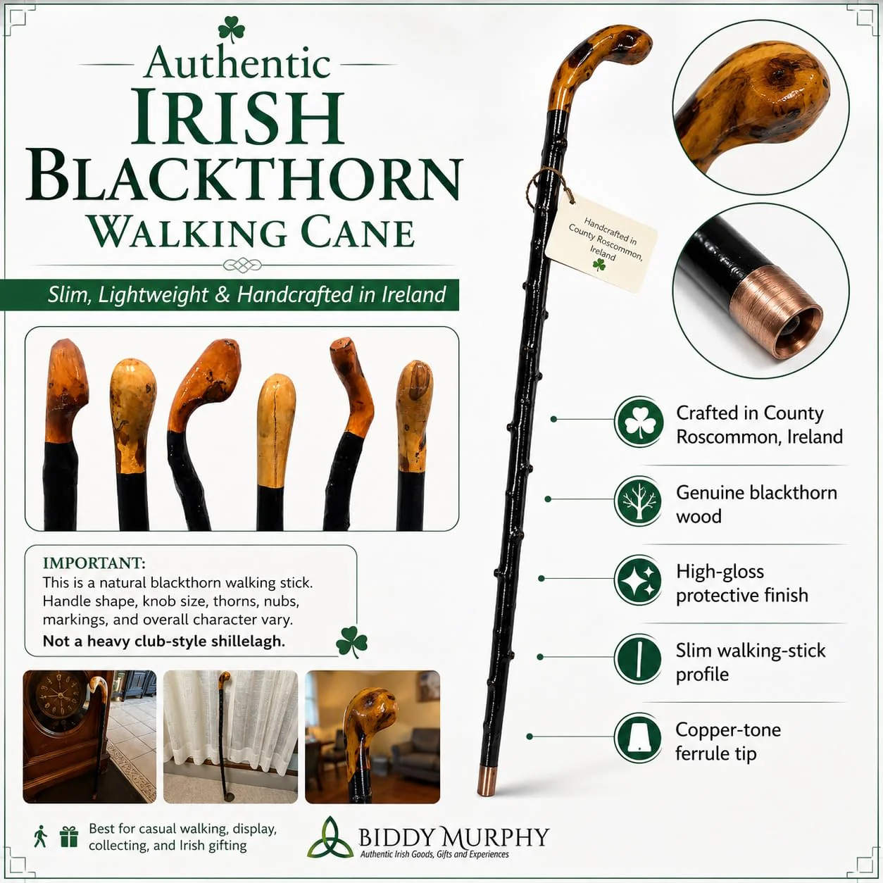 Imported Shillelagh Wooden Irish Walking Stick, Handcrafted 100% Blackthorn Lightweight Wood Cane, Handles All Unique, Black High Gloss Lacquered, Made in Ireland 36" - Image 3