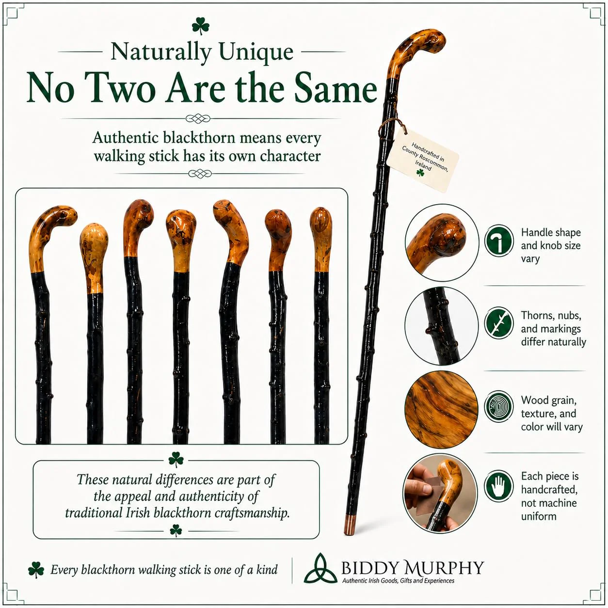 Imported Shillelagh Wooden Irish Walking Stick, Handcrafted 100% Blackthorn Lightweight Wood Cane, Handles All Unique, Black High Gloss Lacquered, Made in Ireland 36" - Image 4