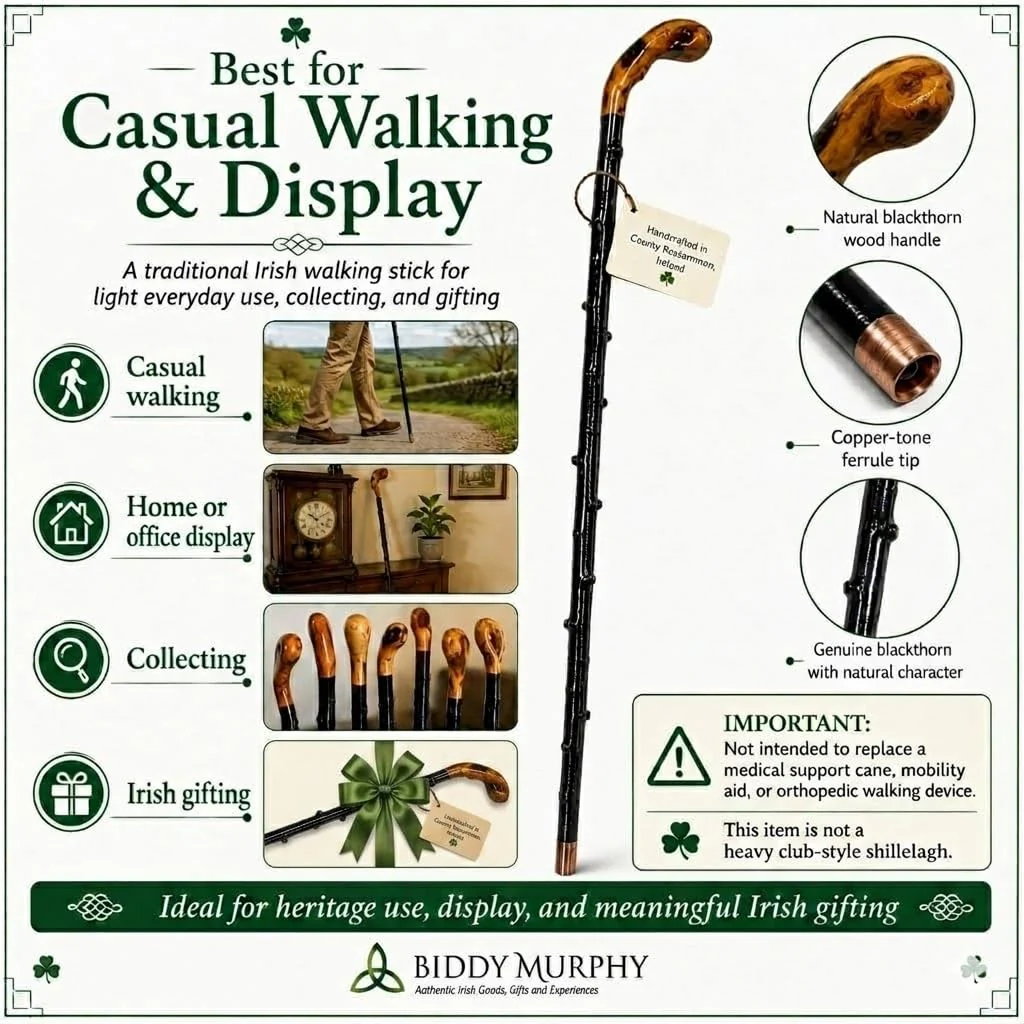 Imported Shillelagh Wooden Irish Walking Stick, Handcrafted 100% Blackthorn Lightweight Wood Cane, Handles All Unique, Black High Gloss Lacquered, Made in Ireland 36" - Image 5
