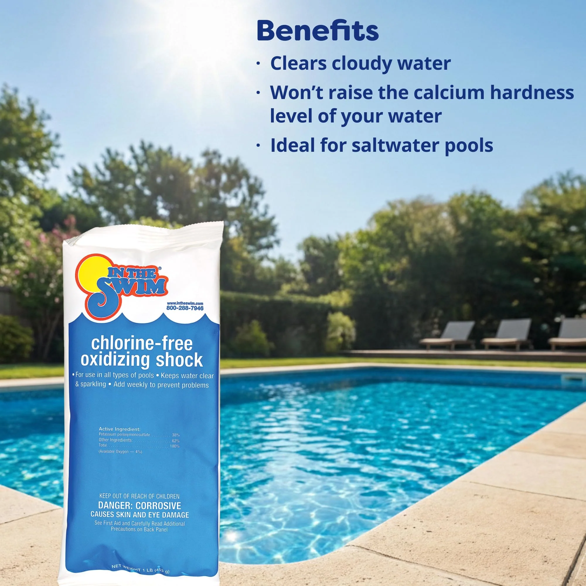 In The Swim Chlorine-Free Pool Shock – Quick Dissolving, Fast-Acting, Shock-Oxidizer for Swimming Pools, Spas, and Salt Chlorinated Pools Compatible - 12 x 1 Pound Bags - Image 5